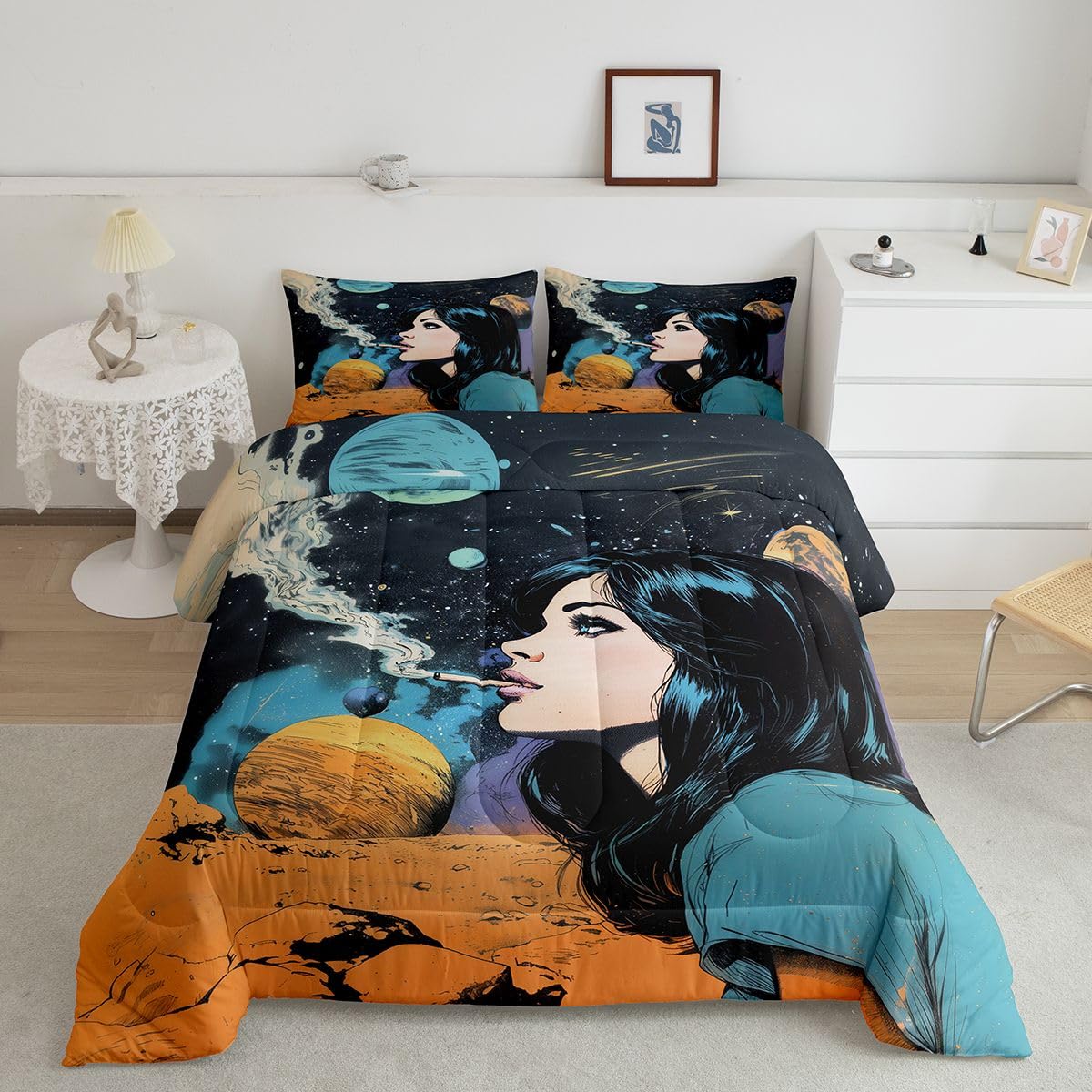 Homewish Kreskówka Kobieta King Size Zestaw Kołdry - Sci-Fi Kosmos Planeta Zestaw Pościeli Fantasy Komiks Kołdra Zestaw - Złoty Niebieski Retro Moda Galaktyka Bez Poszwa Kołdra