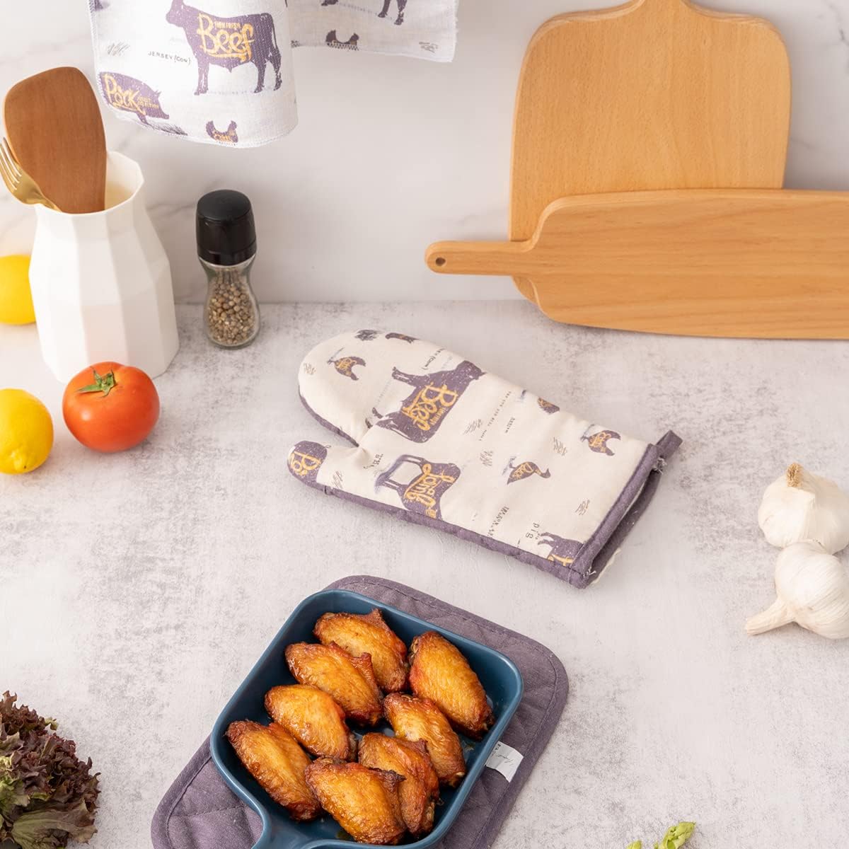 4 Pack Oven Mitts and Pot Holders Sets of Quilted Lining with Cotton Wadding - Non-Slip Food Grade Kitchen Mittens and Hot Pads for Cooking, Baking, BBQ (FF & YP)
