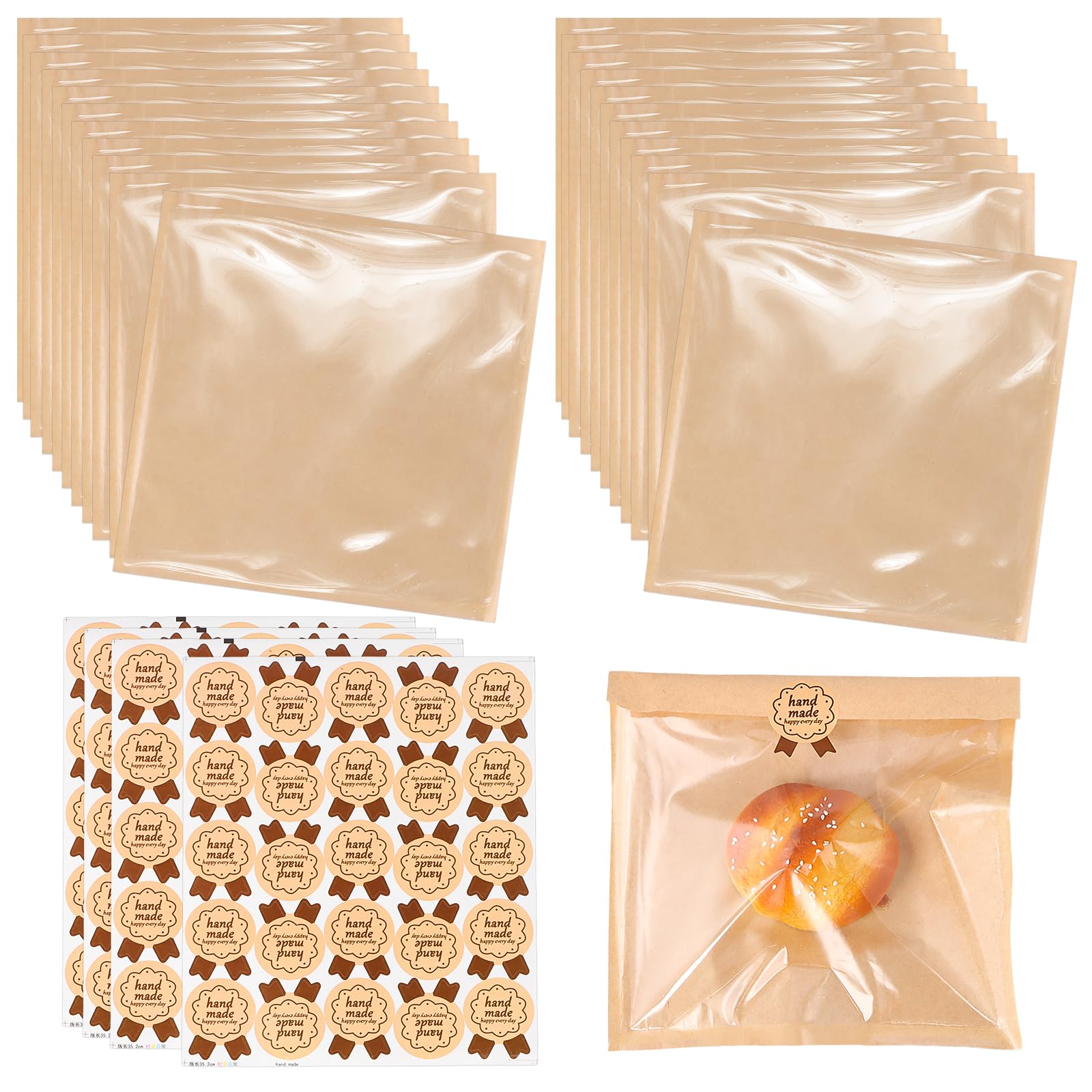 Culinavog Sandwich Bags, 100 PCS Brown Kraft Paper Bag and Stickers, Reusable Food Baking Packaging for Homemade Bread, Greaseproof Baking Packaging with Stickers for Cookies, Snacks, Fruits (Brown) ﻿