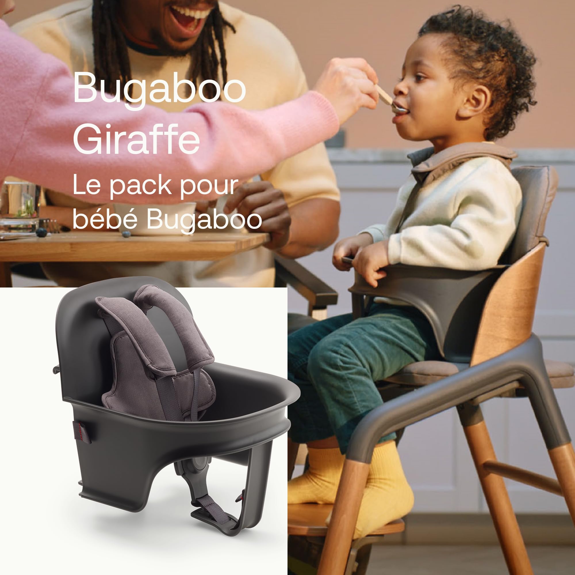 Bugaboo Giraffe, Kit bébé pour chaise haute, pour bébés de 6 à 36 mois, avec siège et harnais de sécurité 5 points, réglable d'une seule main, fabriqué en plastique biologique, Gris