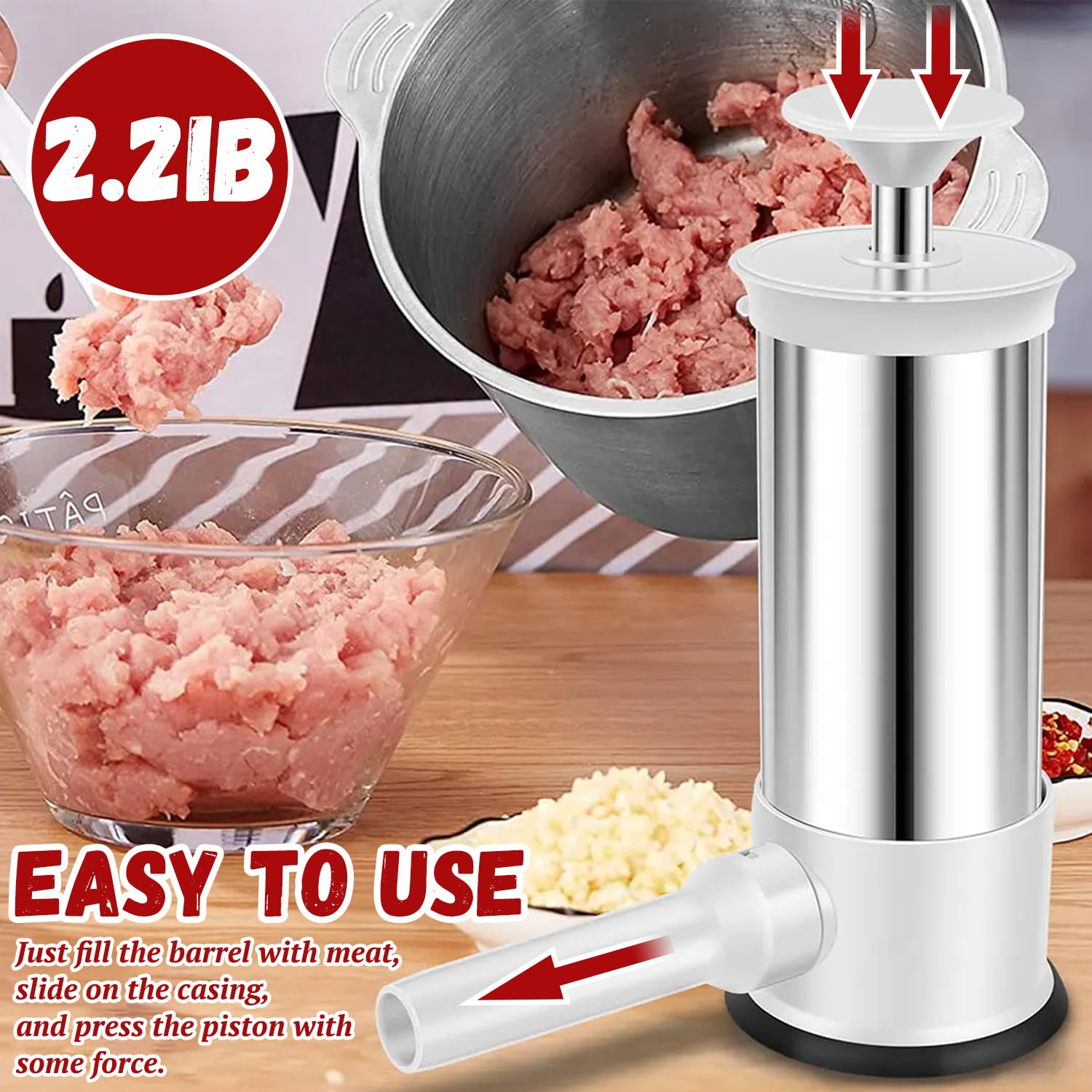 Máquina para rellenar salchichas con 4 tubos de relleno, manual de llenado de salchichas casero para el hogar, camping, parrilla al aire libre, barbacoa (2.2 libras)
