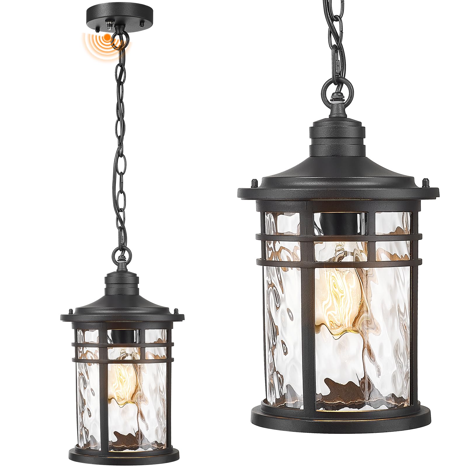 Large Hanging Porch Light 12.4 Inch Dusk to Dawn Outdoor Pendant Light with Water Ripple Glass Waterproof Outdoor Hanging Lantern Light with Adjustable Chain E26 Socket