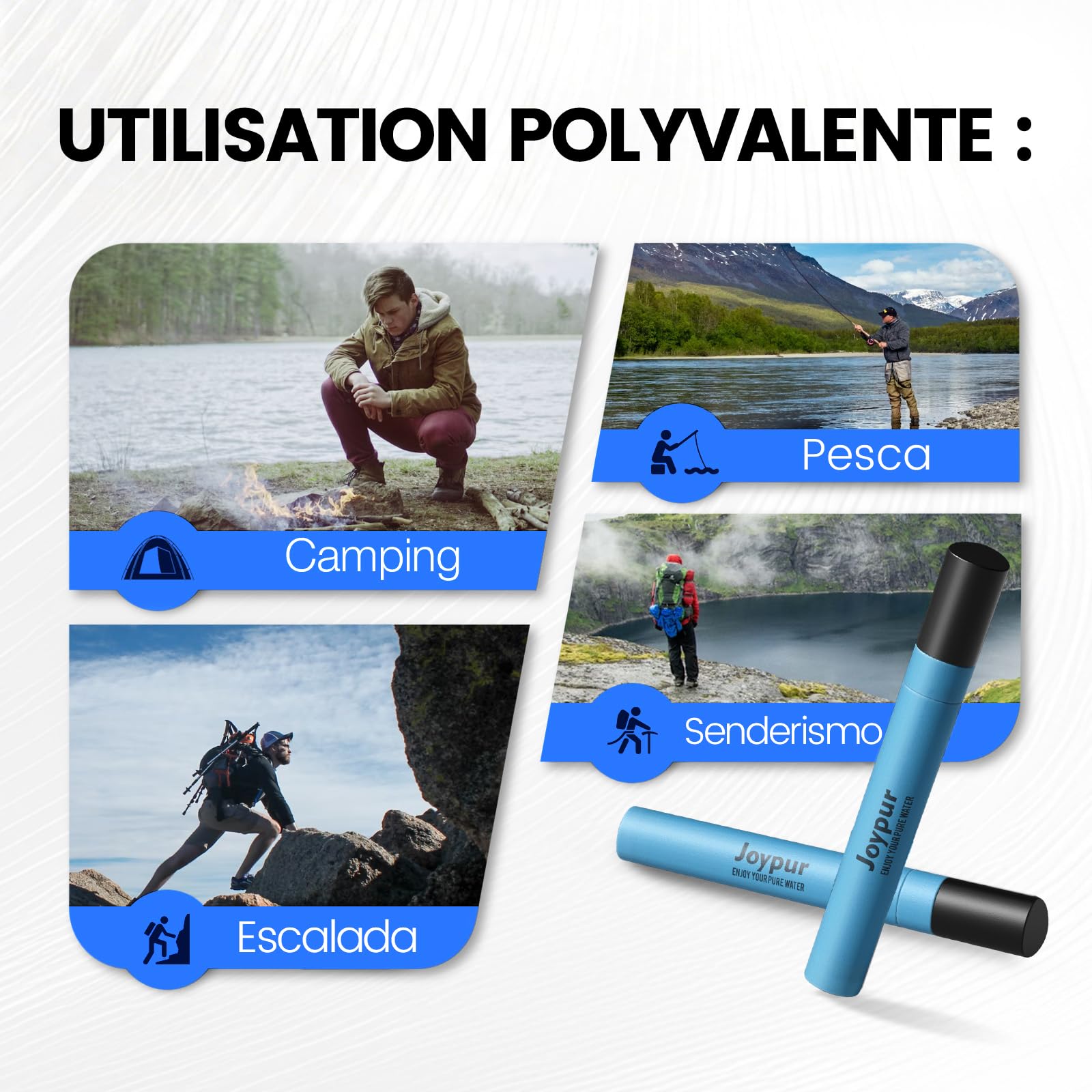 Paille Filtrante Survie Triangle 0.01µm, Filtre à Eau Portable Léger 30g, Élimine 99.9999% des Impuretés, 1000L Filtration, Pour Camping Randonnée Voyage, Lot de 4, Bleu