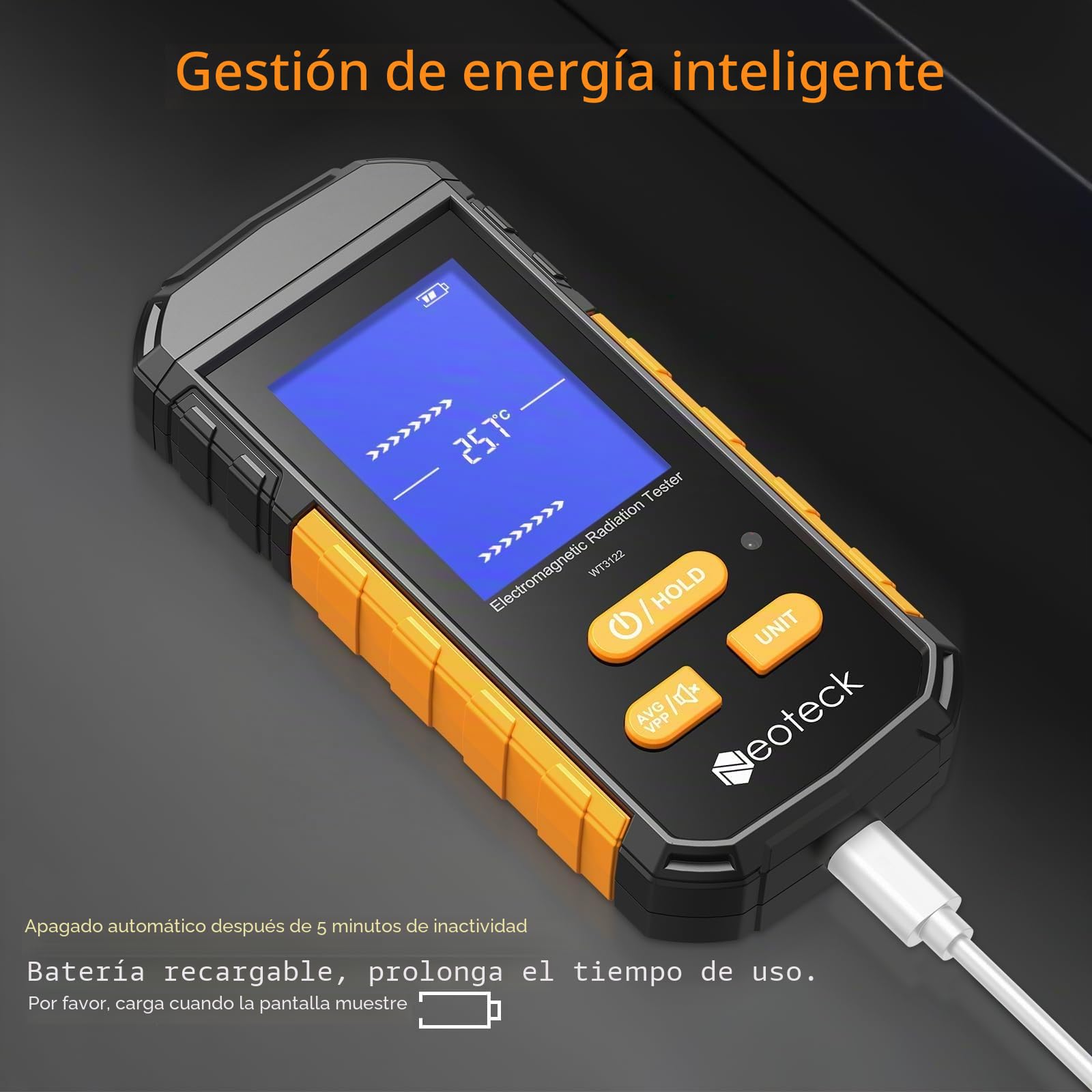 Neoteck Medidor Radiacion Electromagnetica Medidor EMF 3 en 1 con Pantalla LCD Retroiluminada y EFMF en Misma Pantalla Probador EMF Portátil Recargable para Hogar Fábrica Oficina
