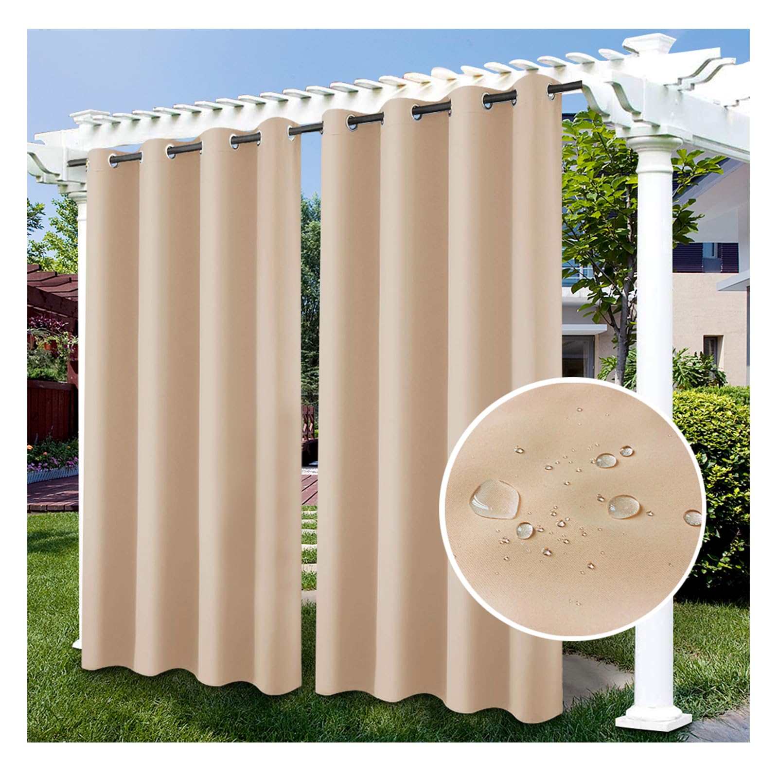 RevLie Blackout Curtains Waterproof Outdoor Curtains Garden Patio Gazebo Sunscreen Windproof Thermal Insulated Drape Grommet Curtains for Porch Cabana Pergola 1 Panel Curtain,163 * 300cm（W*H）