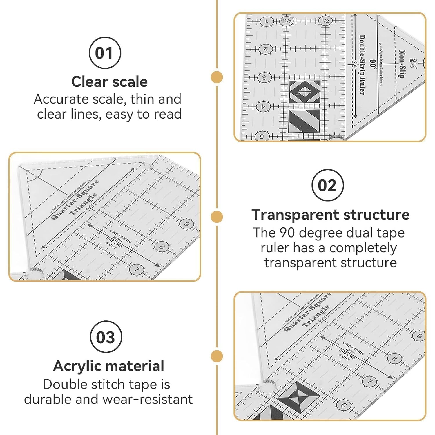 Ruler Grids 90 Degree Acrylic Double Strip Quilting, Clear 90 Degree Sewing Acrylic Triangular Hand 10in Sewing Cutting for Garment Designs Tailor's Tools