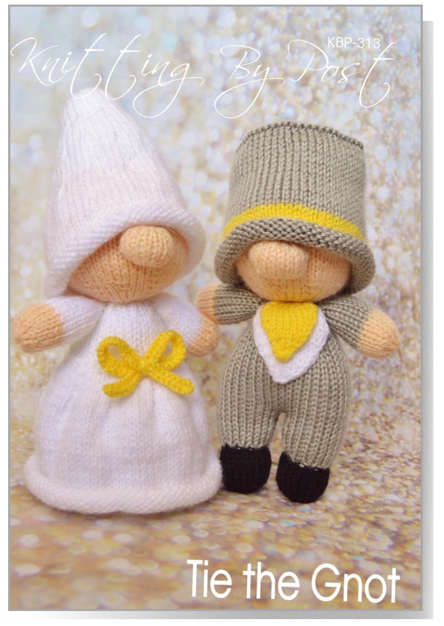 Knitting By Post Yellow, Grey, White Knitting Pattern - Tie The Gnot Gnome Bride And Groom From Knitters A5 Leaflet To Knit A Wedding Gift Or Momento