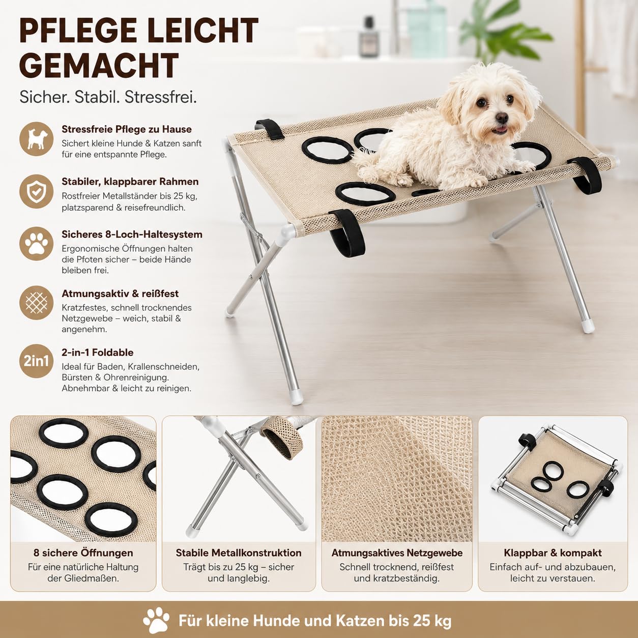2027 Neuer Haustier-Duschhalter, 2-In-1-Hundepflege HäNgematte, PflegestäNder Hunde, Badehilfe für Hundehocker für Nagelschneiden, Ohrenreinigung Und TäGliche Pflege (Khaki+Rosa)