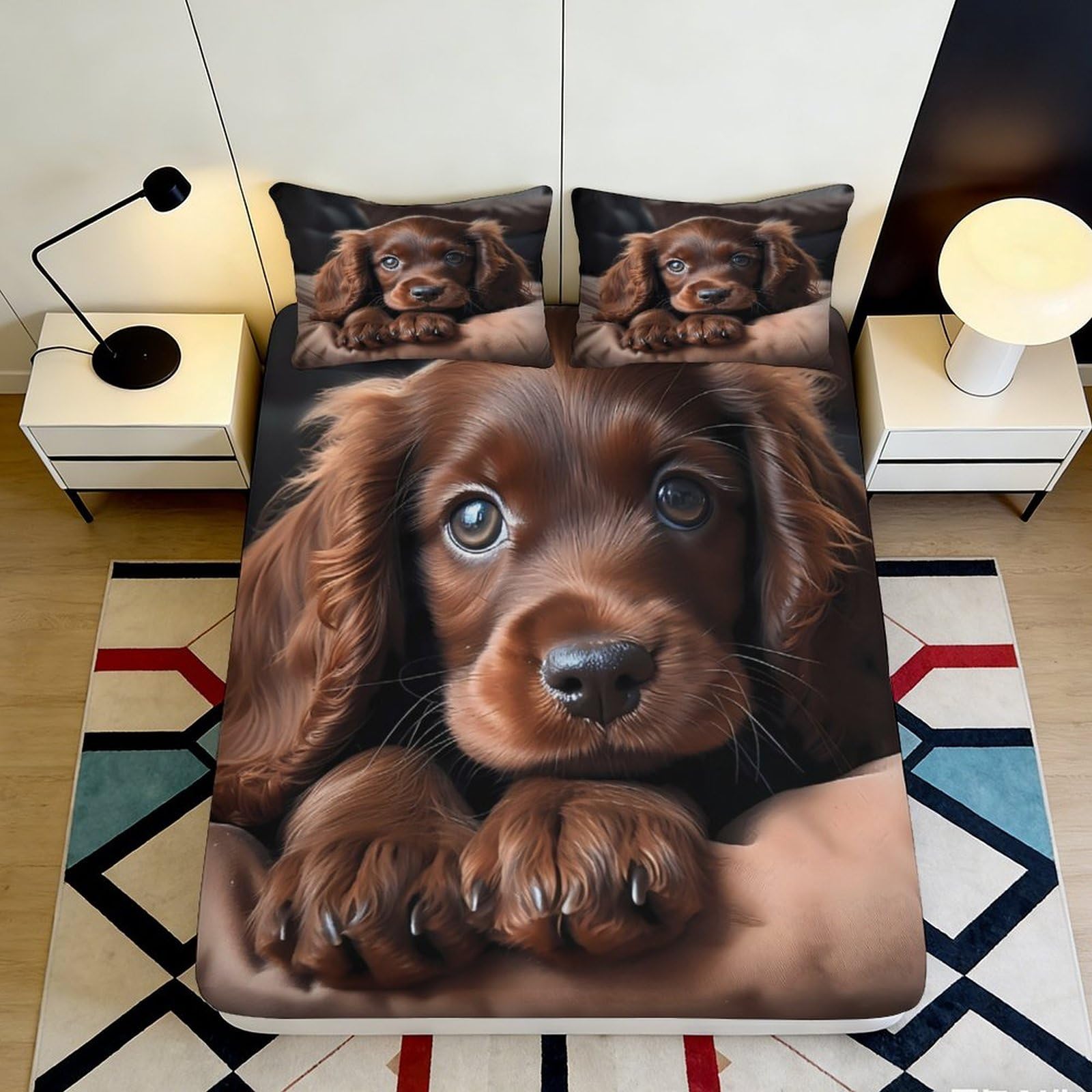 3D Printed Brown Puppy Fitted Sheet Microfiber Soft Non-Slip Dog Bed Cover for Bedroom Guest Room Decor 120x200cm 160x200x25cm