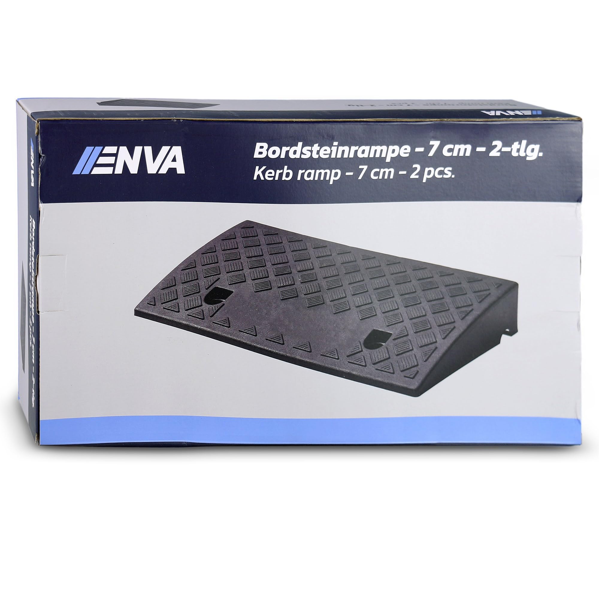 ENVA Bordsteinrampe 2TLG. Auffahrrampe 7 cm Höhe 3000 kg Rampe für Auto, Motorrad, Rollstuhl und Kinderwagen rutschfeste Bordsteinkantenrampe witterungsbeständige Kunststofframpe 50 x 27 cm