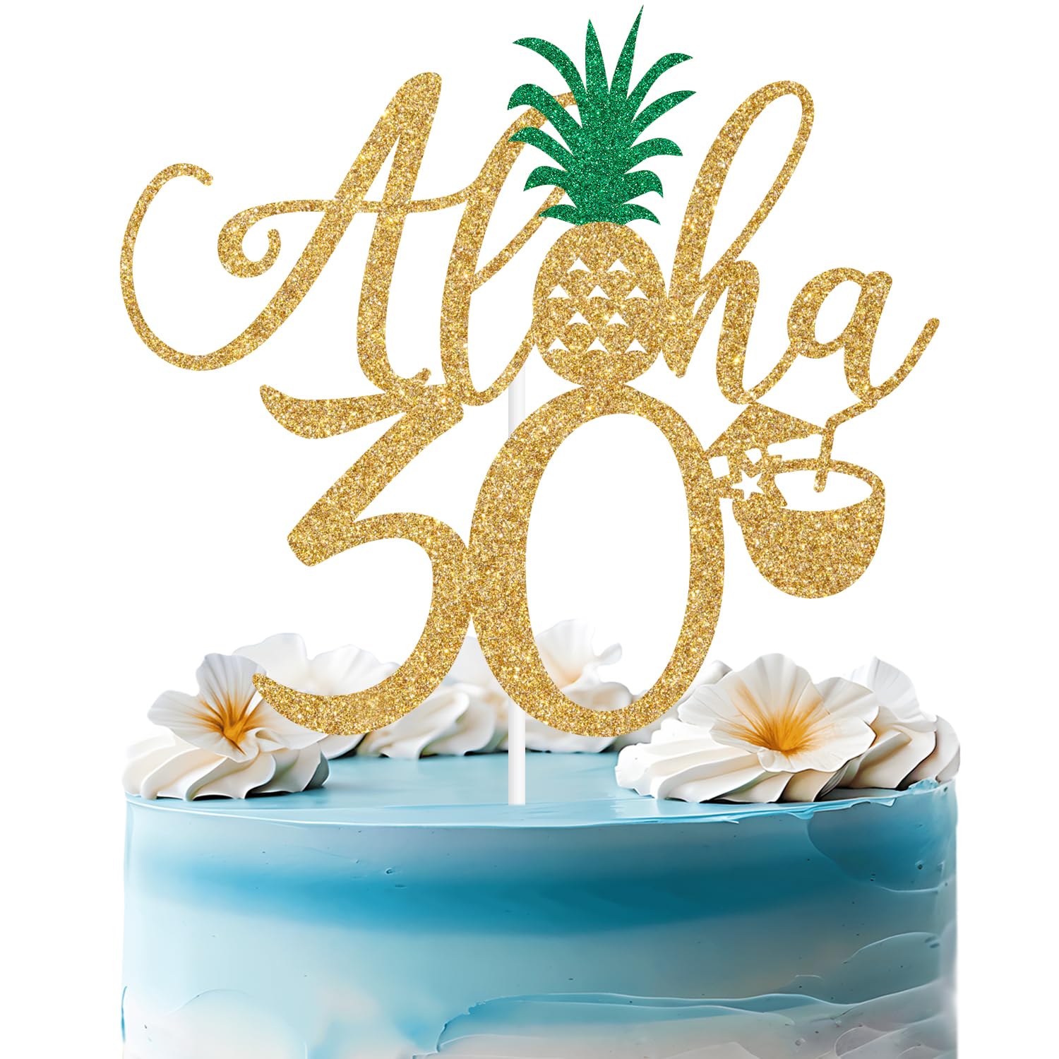 Gold Glitter Aloha 30 Cake Topper, Hawaiian Happy 30th Birthday Cake Decorations, Summer Tropical Palm Leaves Flamingo Luau Themed 30th Birthday/Anniversary Party Decorations Supplies