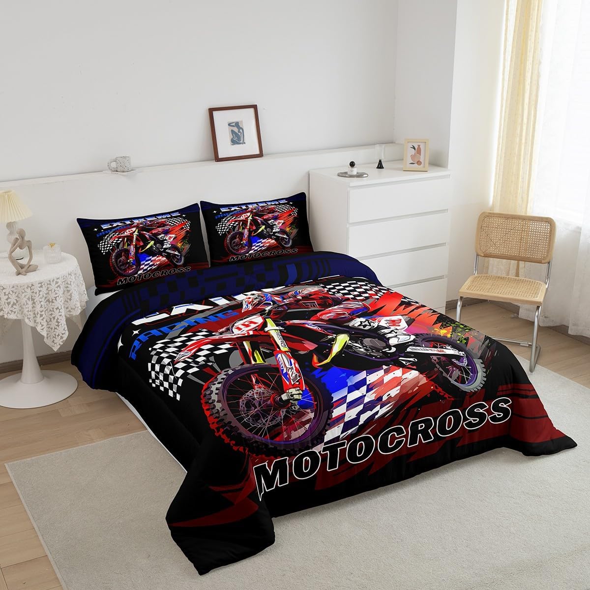 Feelyou Kids Dirt Bike Comforter Twin Size, Extreme Sports Comforter Set Boys Teens Racing Motocross Bedding Set Motorcycle Rider Adult Duvet Set Bedroom Decor 2Pcs