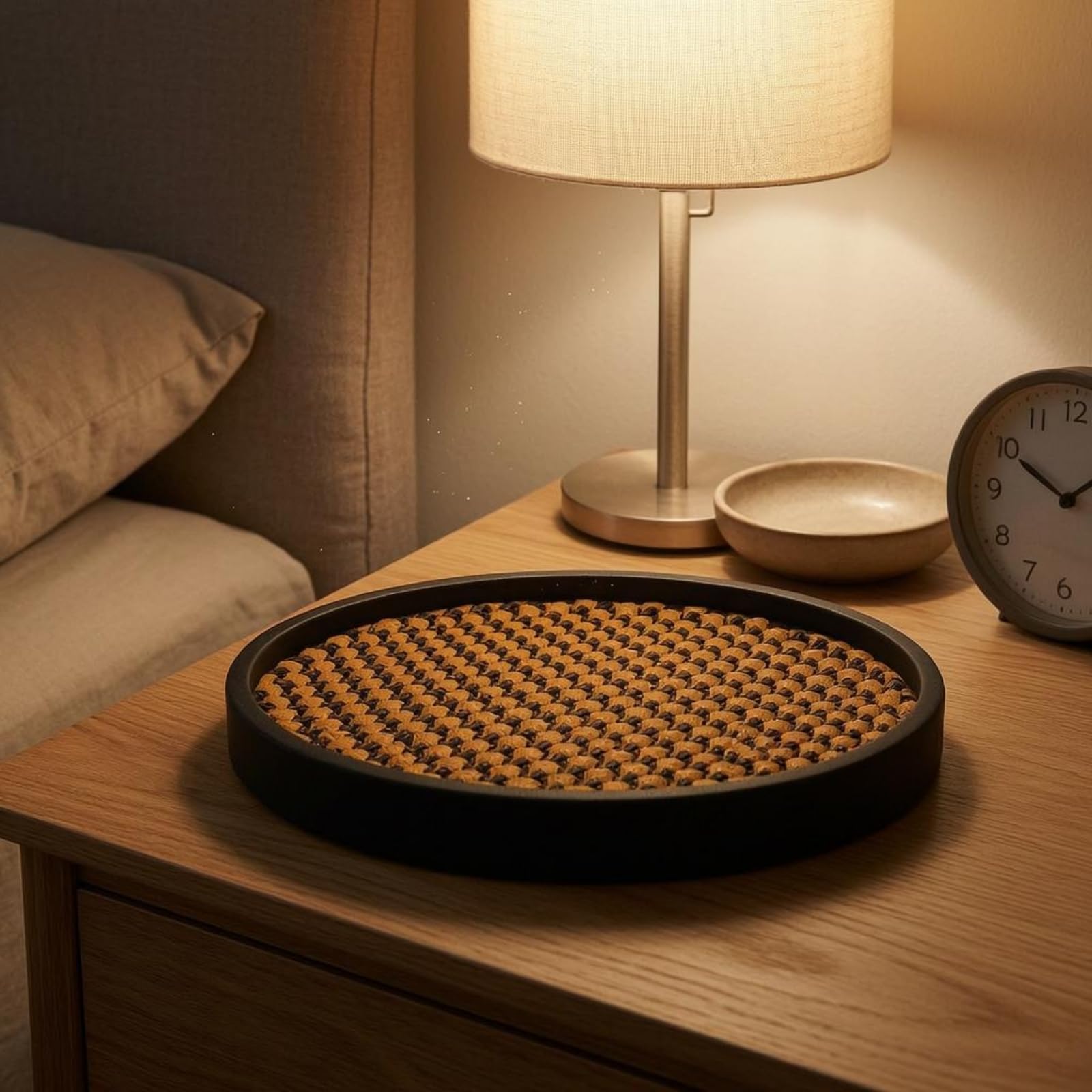 Schwarz-braunes Deko-Tablett Geflecht Dekoratives Rundtablett Modern Wohndeko für Schlafzimmer