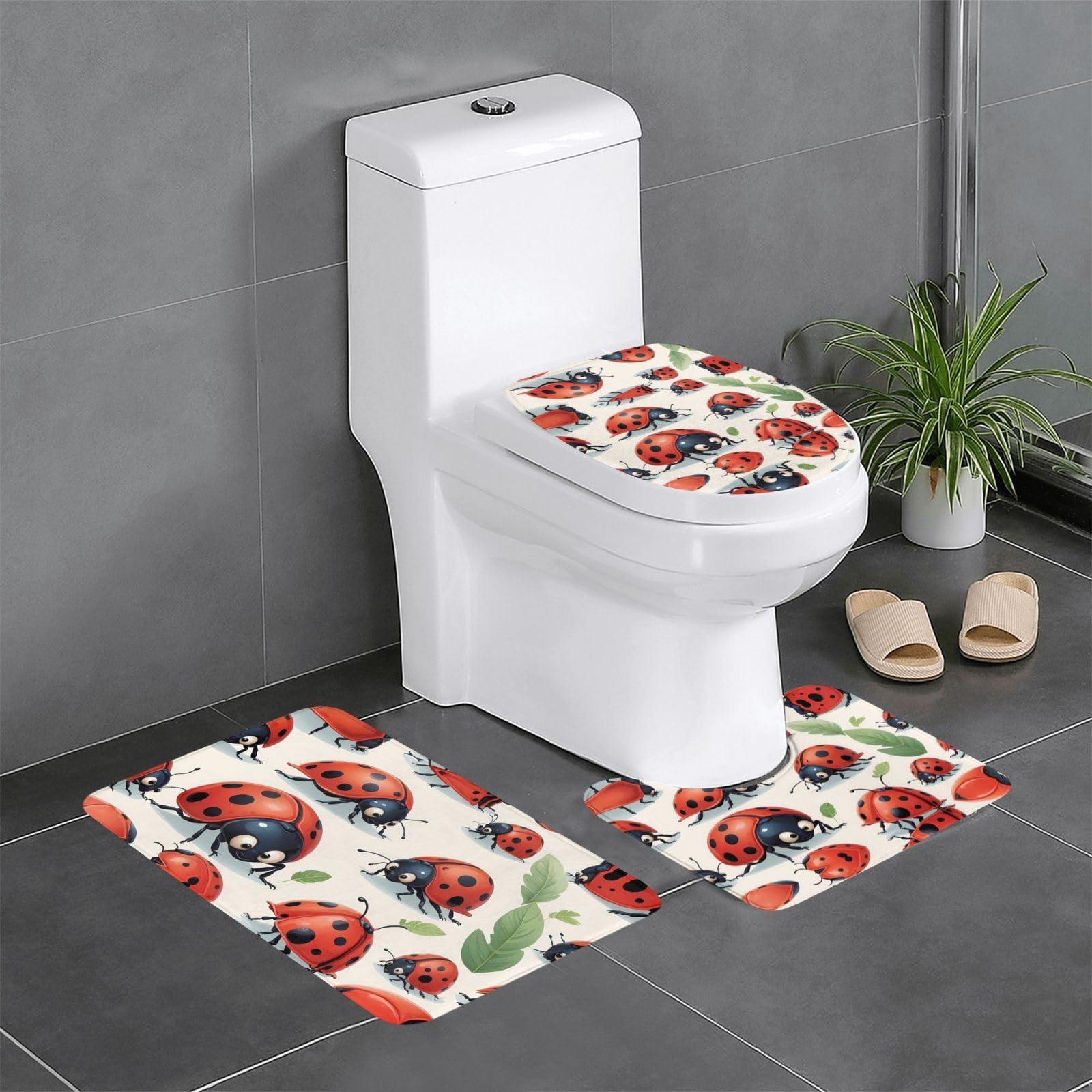 Tapis de salle de bain antidérapants WHJSHOP lot de 3 avec motif coccinelle amusante pour toilettes