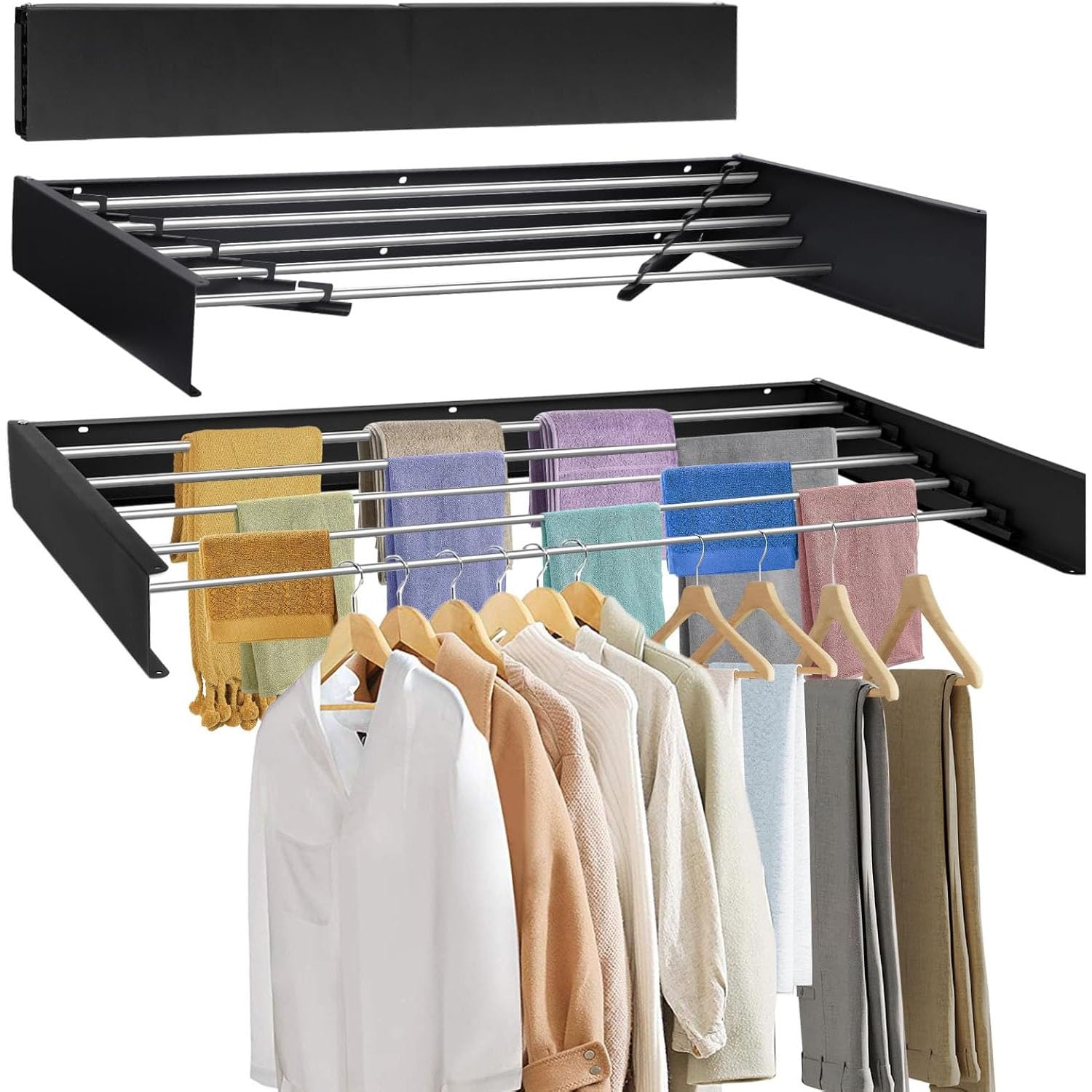 Taylor & Brown Black 100Cm Wall Mounted Laundry Drying Rack Retractable Foldaway Clothes Drying Airer Collapsible Folding Indoor Or Outdoor – Space Saver Compact Sleek Design (Black)