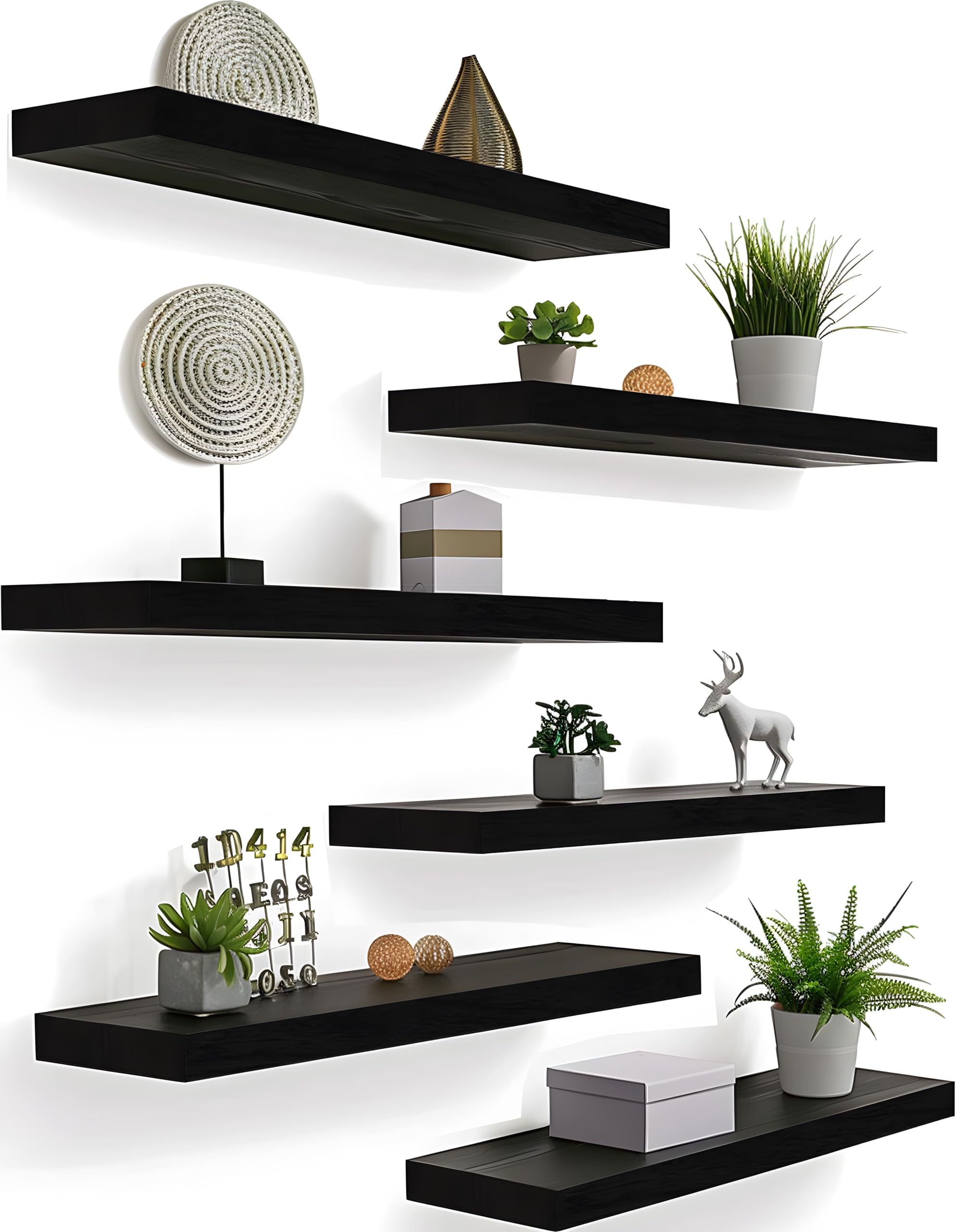 Floating Shelves for Wall, Wood Wall Shelves for Bedroom, Black Set of 6