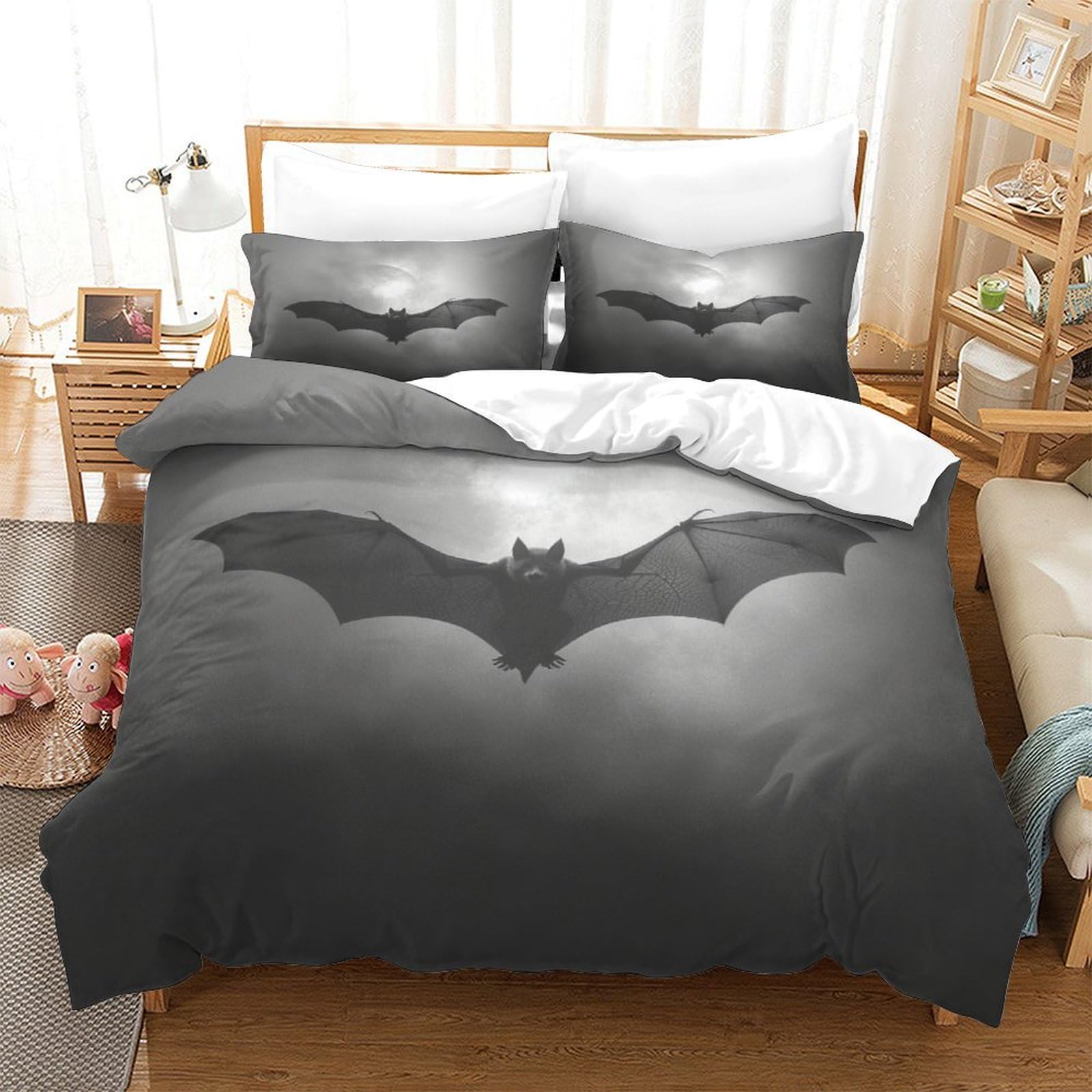 P1S9U7W5Y Shadow Bat Motif 3D Printed Duvet Cover Set 3pcs Microfiber Bat Bedding Set King