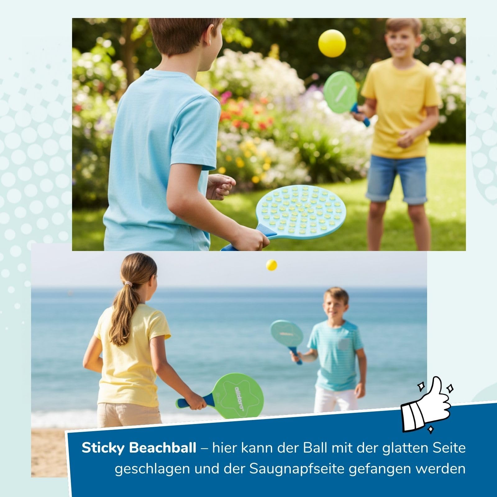 alldoro 68782 XXL Outdoor Spielset 3-in-1 - Beachball, Federball & Soft Tennis, 3 Rückschlagspiele für Garten & Strand, ab 5 Jahre