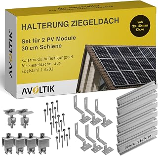 Solar Halterung Ziegeldach I Set für 2 PV Module 30-40mm I Solarmodul Halterung Balkonkraftwerk I Solarmodulbefestigungsset für Ziegeldächer aus Edelstahl 1.4301