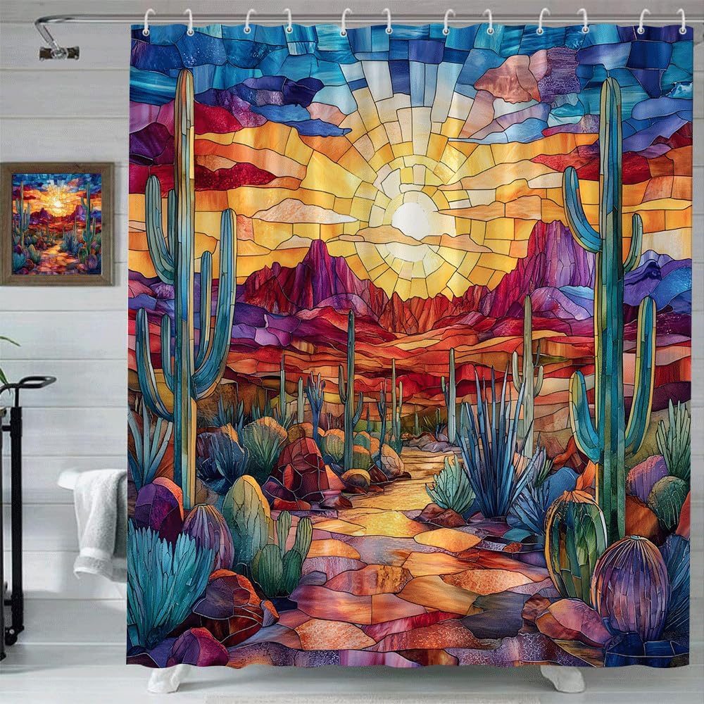 Colorful Southwestern Shower Curtain Abstract Desert Sun Cactus Artistic Stained-Glass Design Beautiful Boho Outdoor Western Landscape Bathroom Decor Fabric Curtain with Hooks