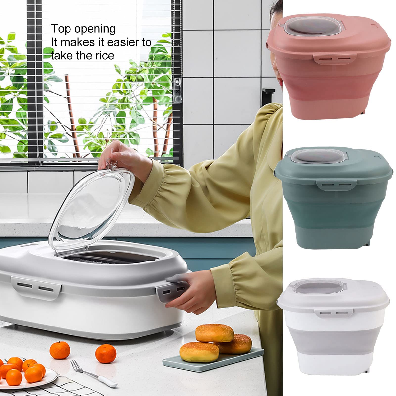Fockety Contenedor de Almacenamiento de Alimentos, Contenedor de Alimentos Grande Plegable de 110.2 LB con Taza Medidora, Tapa de Bloqueo Hermético, Contenedor Dispensador para Arroz (Rosa)