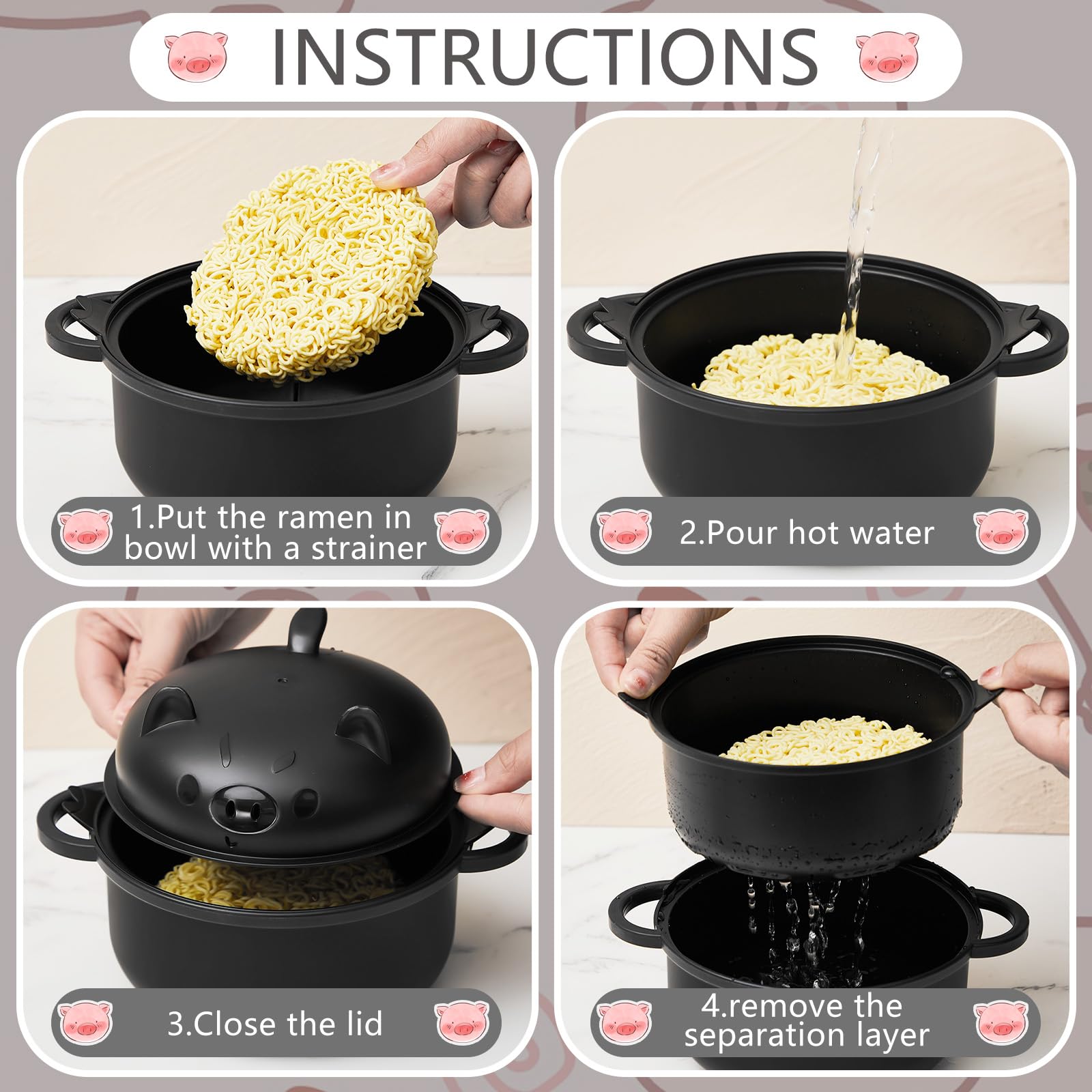 Large 45oz Cute Ramen Bowl Set Microwavable Pig Ramen Noodle Cooker Wheat Straw Bowl with Strainer Lid Handle Spoon Chopsticks Fork Gift for Home Dorm College(Black,1 Set)