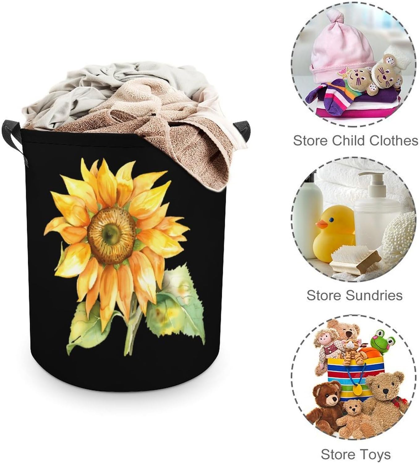 Watercolor Sunflower Novelty Collapsible Laundry Baskets Waterproof Clothes Hamper Storage Bins with Handles 13.8"x13.8"x17.3" 17.3"x17.3"x17.3"