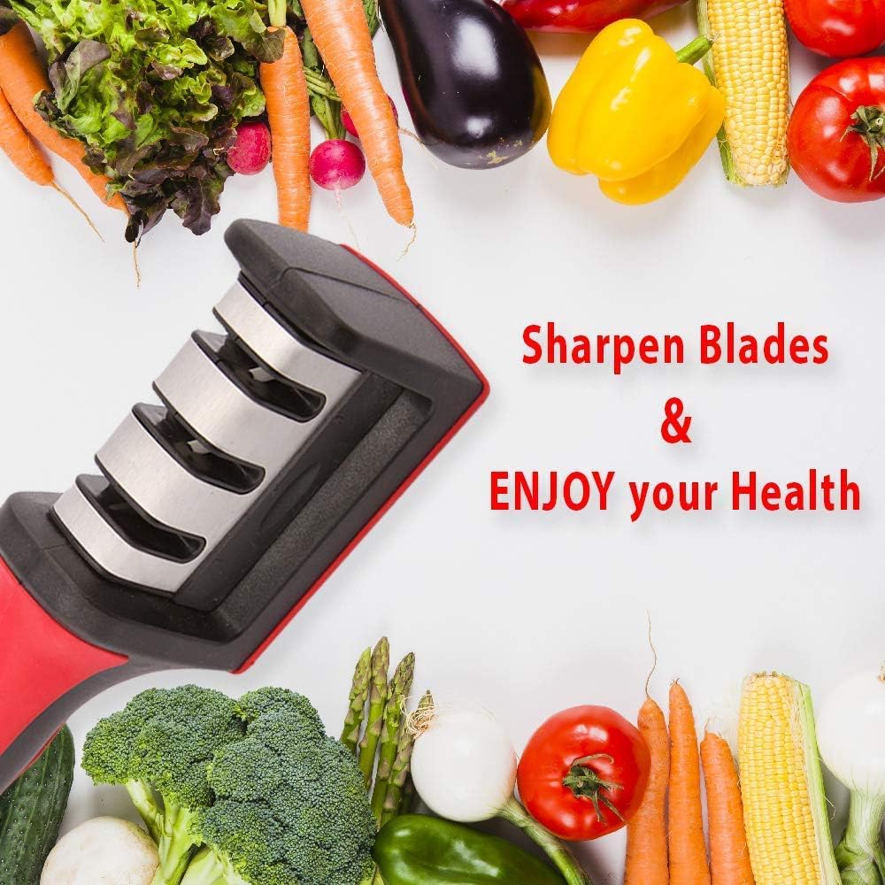 LPVLUX Kitchen Knife Sharpener - Stainless Steel 3-Stage Chef Knife Sharpening Tool With V-Slots For Shaping, Repairing & Polishing Blades - For Straight & Serrated Knives - Non-Slip Grip Base