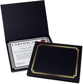 Classic Black & Gold Certificate Folders - Pack of 50, Linen Cover 80 lb. Stock, Folded, Die-Cut Corners, for Office, Business Awards, Graduation, School Diploma Holder, 9-1/2" x 12"