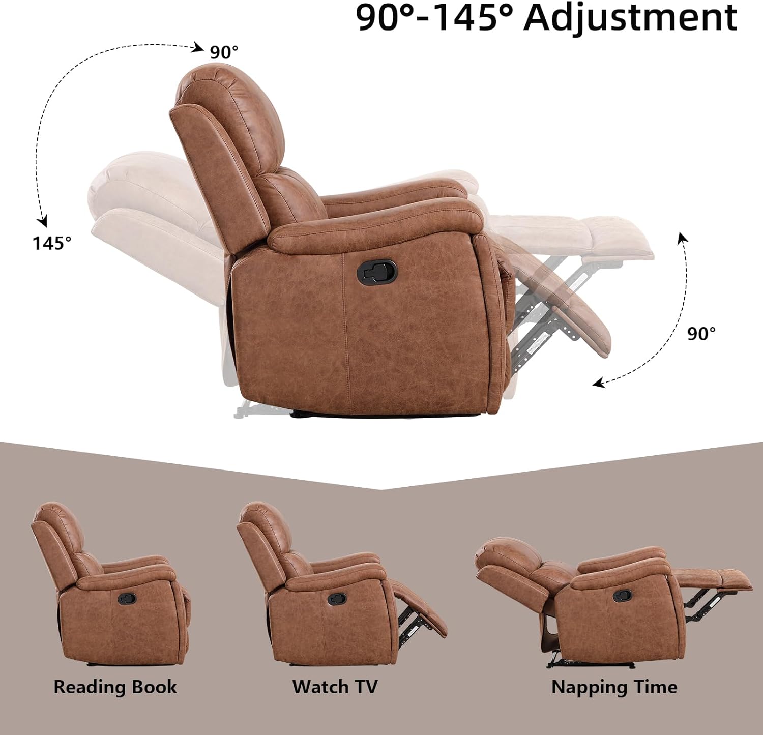 Leather Recliner Chair, Manual Recliner Chair for Adults with Overstuffed Arms and Back, Single Sofa Recliner with Cup Holders for Living Room (1, Brown)