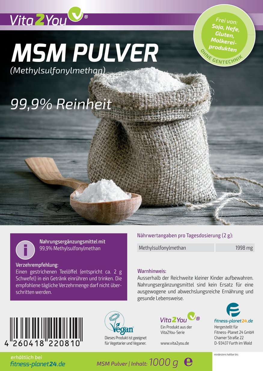Vita2You Poudre MSM 1000 g - (méthylsulfonylméthane) 99,9 % de pureté - Facteur de maille 40-80 - 1 kg de soufre organique - Qualité supérieure
