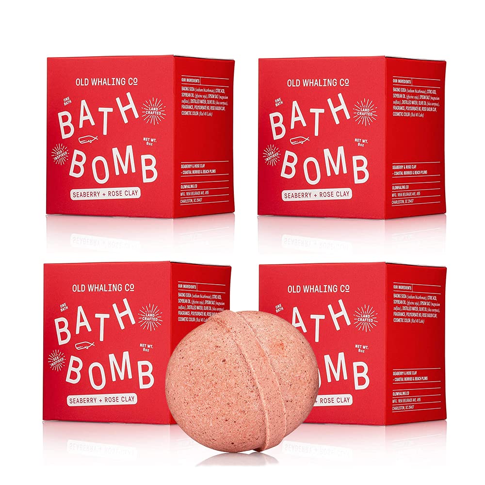 Old Whaling Co Seaberry and Rose Clay Bath Bomb – Set of 4 – Handmade Bath Soak with Epsom Salts – Cleansing, Soothing and Moisturizing Fizz –