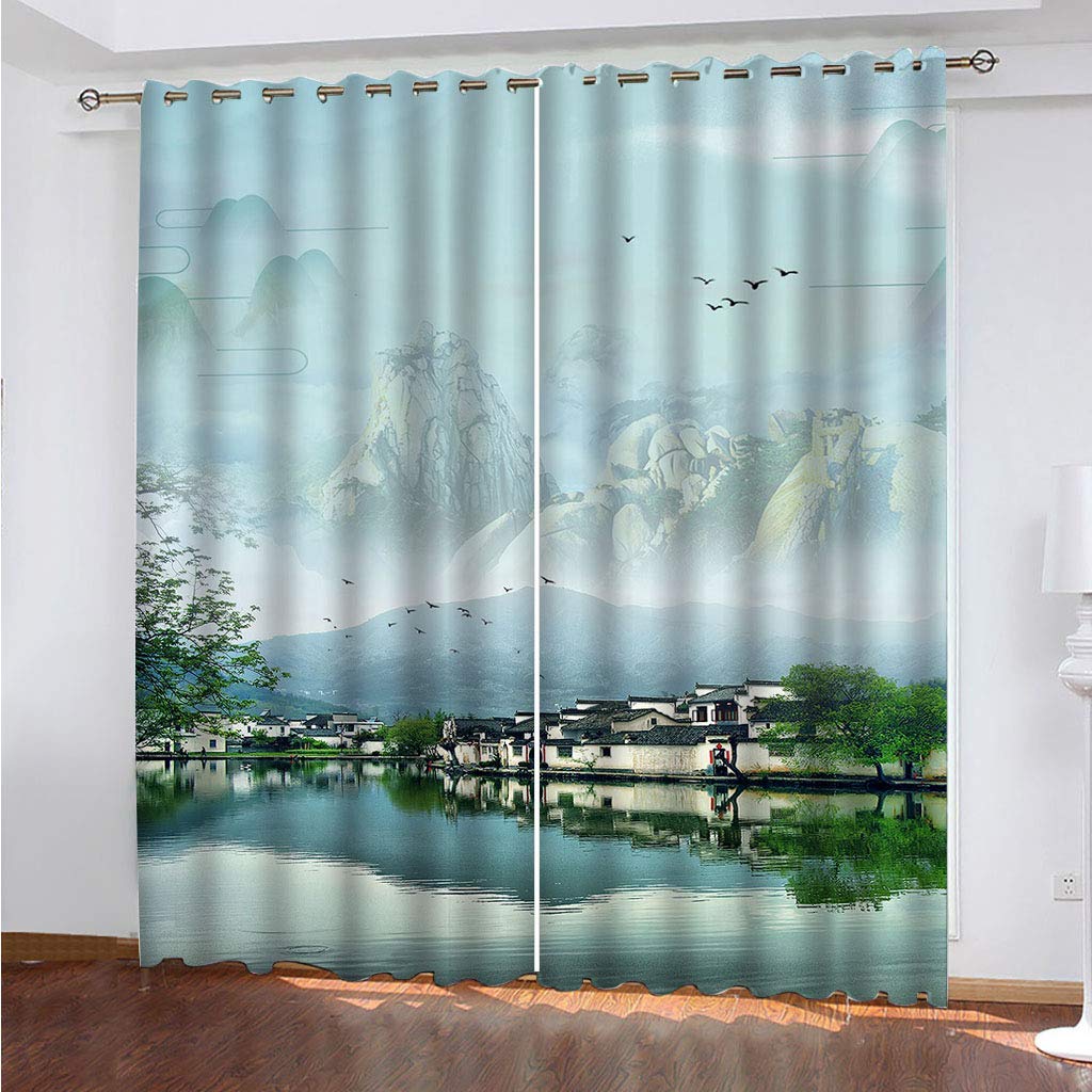 Maynuo Girls Curtains For Bedroom 3D Jiangnan Water Town Scenery Eyelet Top Curtain For 62X78inch Kids Window Treatments For Home Decoration Thermal