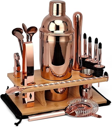 17-Piece Cocktail Shaker Bartender Kit with Stand, Boston Shaker, Mixing Spoon, Muddler, Measuring Jigger, Lemon Squeez, Tongs, Corkscrew, Liquor