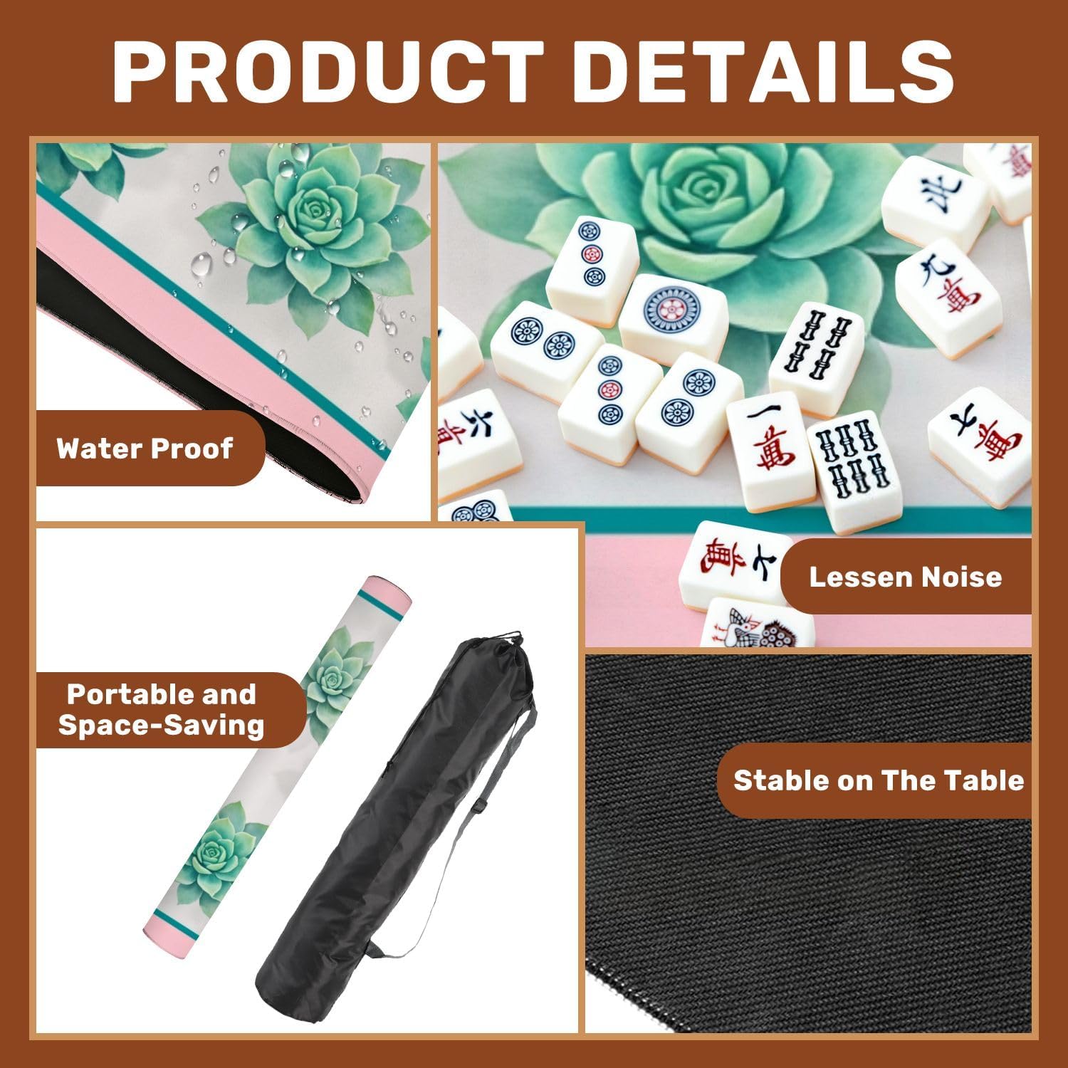 Mahjong Mat with Carrying Bag 31.5" x 31.5" Non-Slip Noise Reduction Watercolor Soft Green Teal Pastel Pink Flowers Table Mat for Mahjong Poker Dominoes Card Board Tile Games