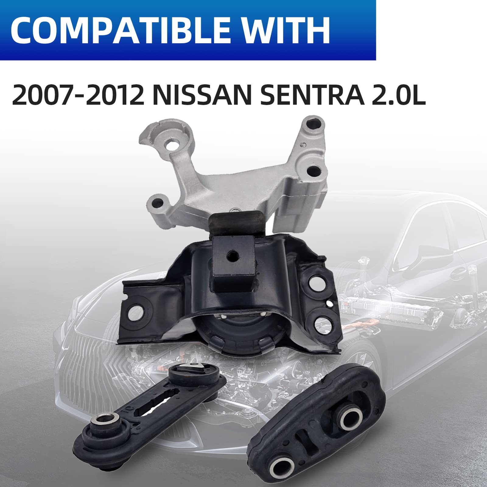 Engine Motor Mount Set - Compatible with 2007 2008 2009 2010 2011 2012 Nissan Sentra 2.0L 3pcs, A4318 A4345 A4348HY