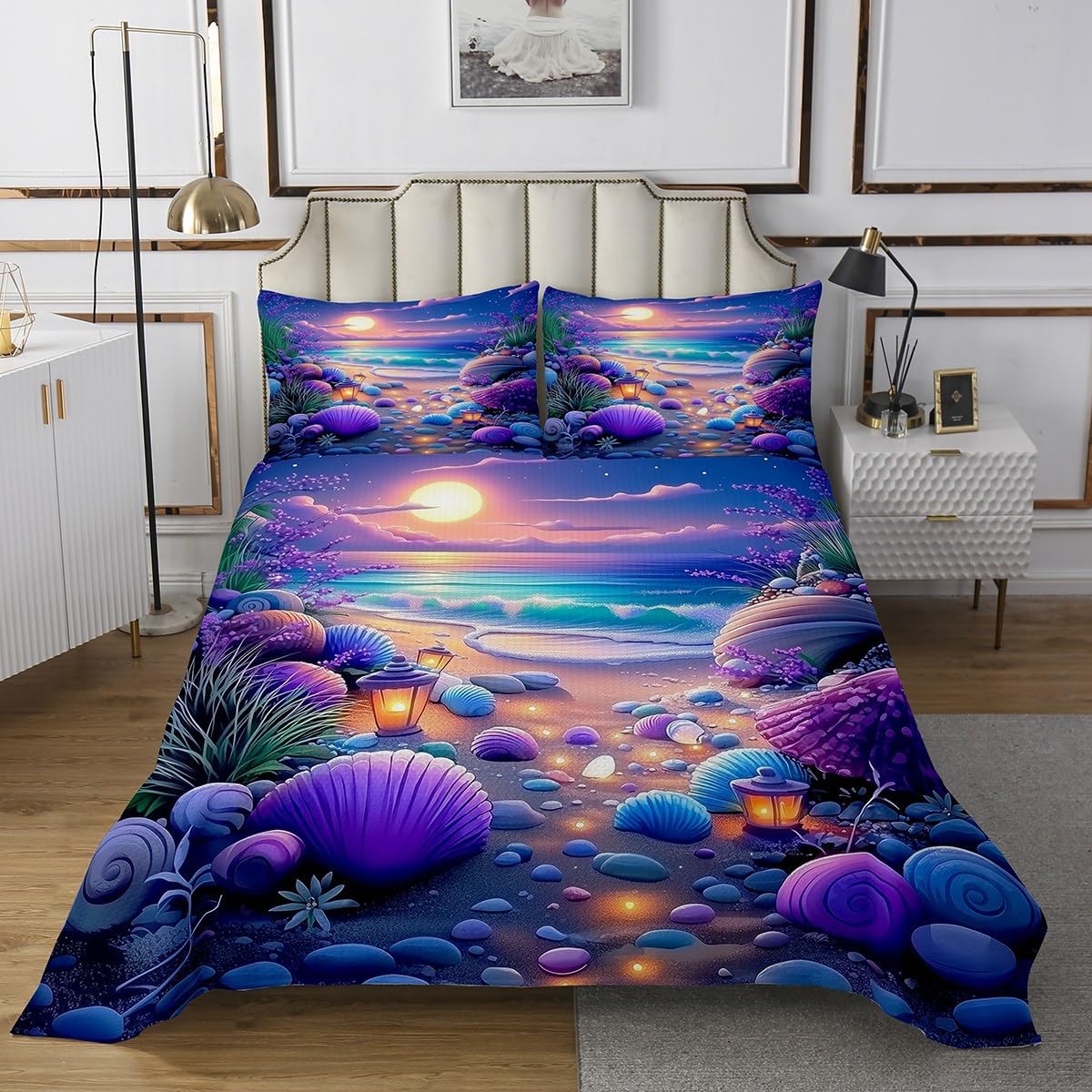 Erosebridal Ocean Beach Kids Quilt Set Aesthetic Romantic Purple Girls Twin Bedspread Sets Ocean Coastal Shell Coverlet Sets Summer Flowers Plants Bed Set for Teen Adults