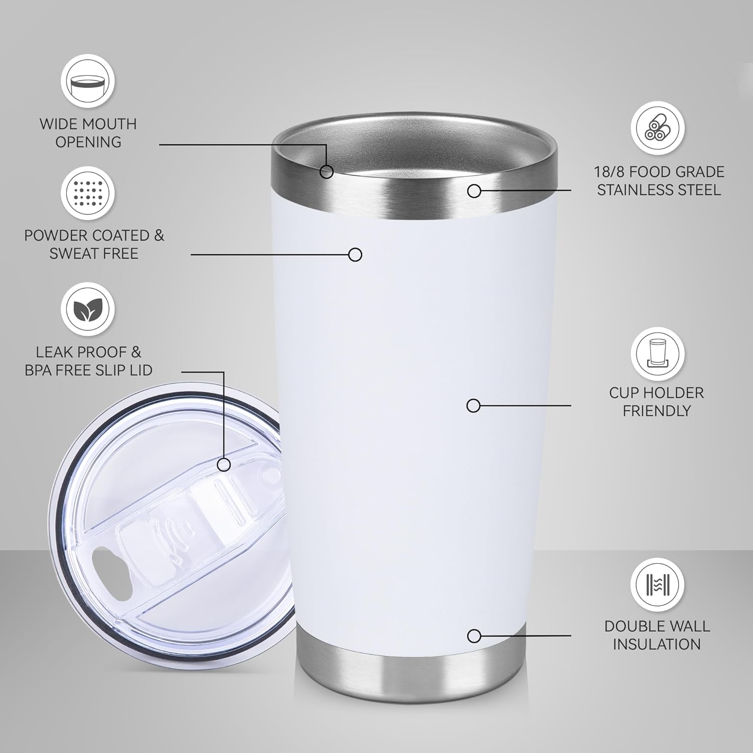 20 oz Tumbler Stainless Steel Tumblers Bulk with Lid Double Wall Insulated Coffee Tumbler Cups for Hot & Cold Drinks Powder Coated Travel Coffee Tumbler Mug Metal (White, 6 pack) - Image 2