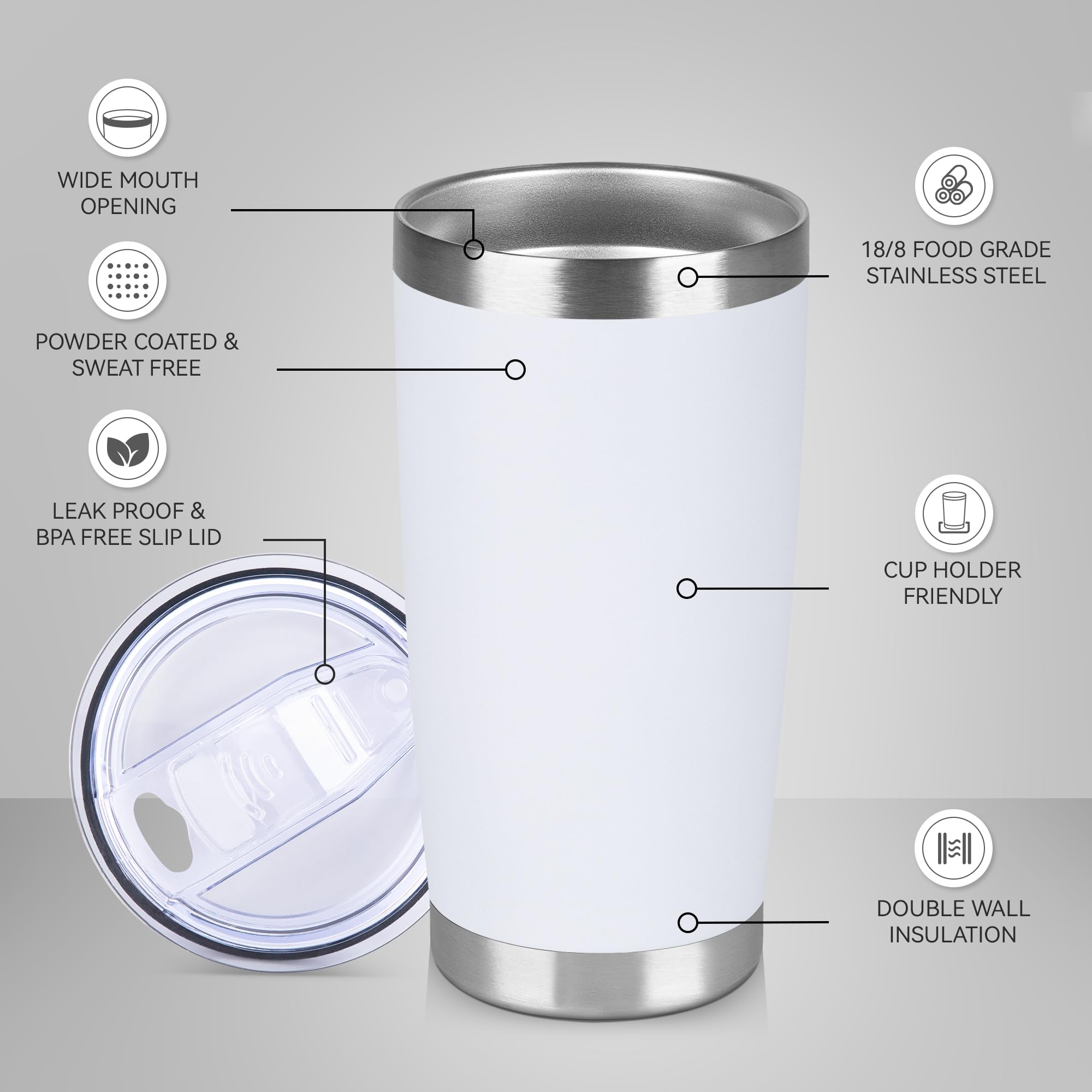 Edelstahlbecher mit Deckel, doppelwandig, isoliert, für heiße und kalte Getränke, pulverbeschichtet, Reise-Kaffeebecher, 590 ml, Weiß, 12 Stück
