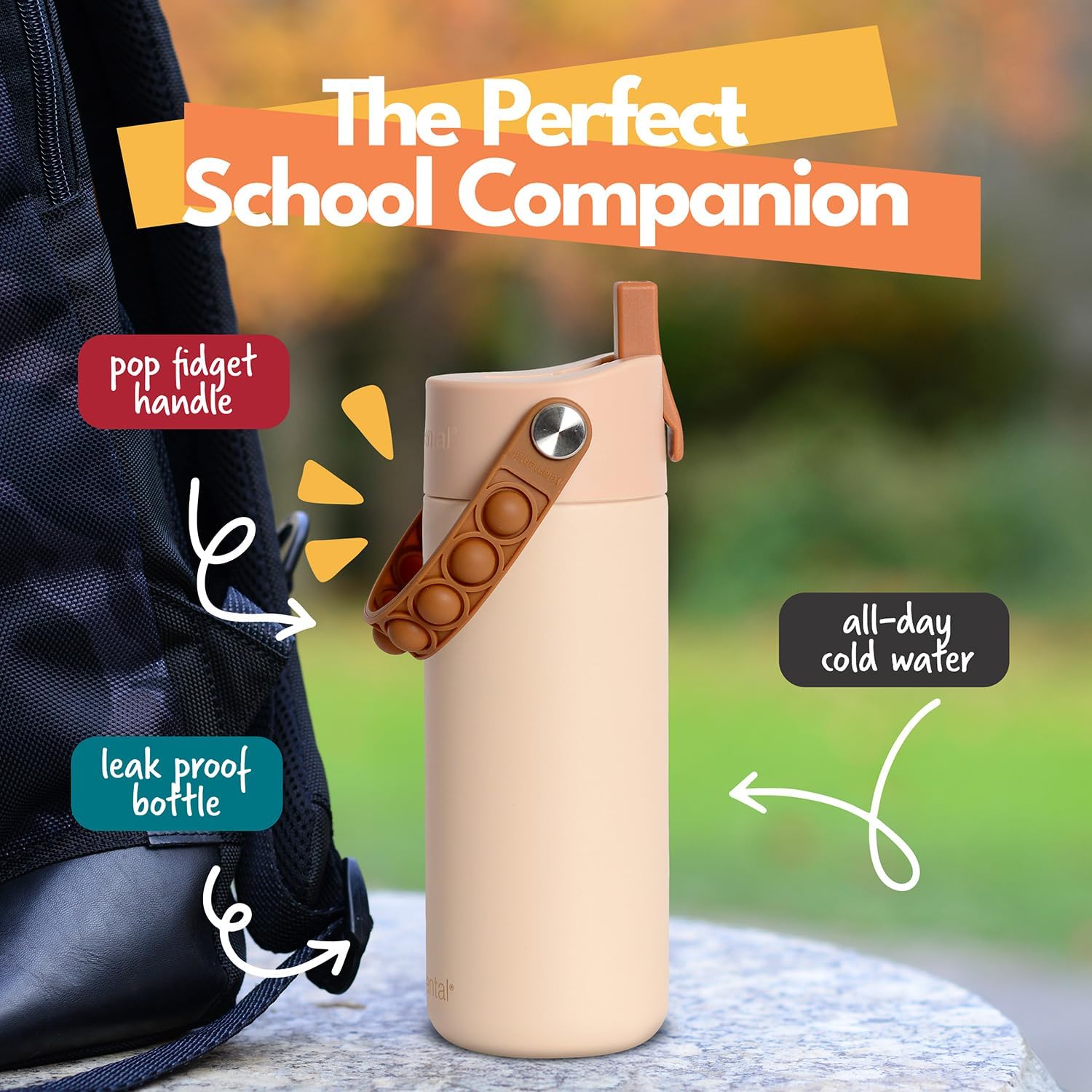 Elemental Insulated Kids Water Bottle, Stainless Steel Water Bottle with Straw Lid & Pop-It Handle, Leak-Proof Water Bottles for School, Boys or Girls, Travelling and Sports, 18oz - Beige - Image 4