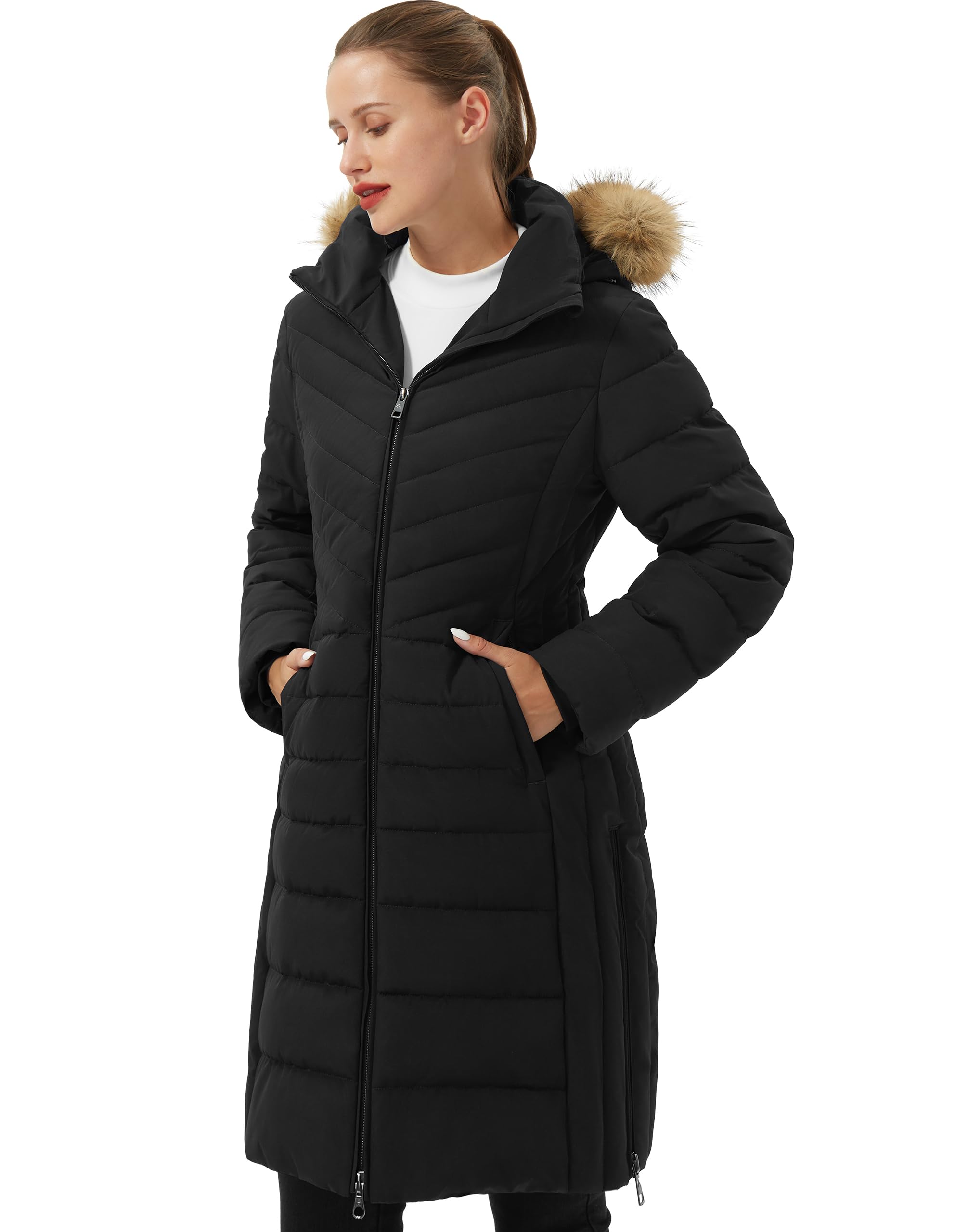 Pioneer Camp Cappotto invernale da donna, lungo, caldo, trapuntato, impermeabile, invernale, con colletto in pelliccia sintetica rimovibile