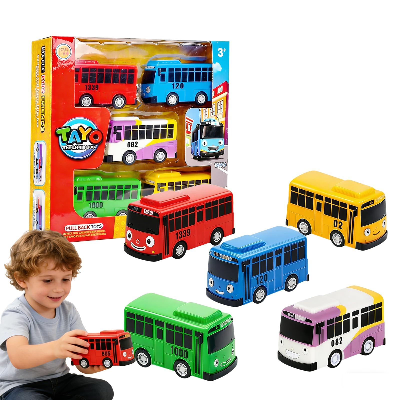 JiaQuenWex Bus Toy – 5PCS The Little Bus School Buses with Box, Die-Cast Pull-Back Vehicles, 1:64 Scale Model Cars, Mini City & Double-Decker Buses, Collectible Toy Set for Imaginative Play & Display