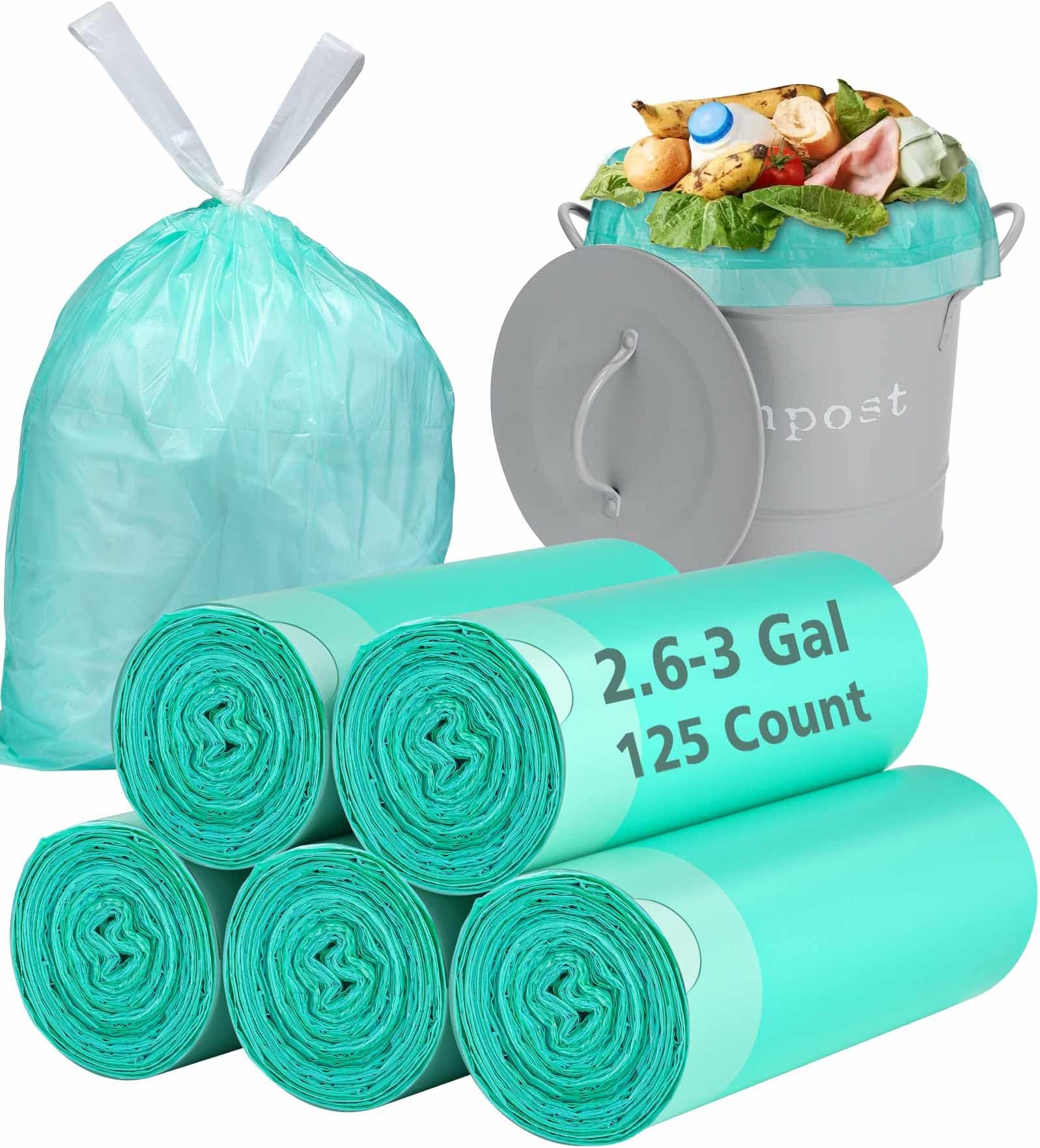AYOTEE2 Gallon Trash Bags, Biodegradable Strong Drawstring 2.6 Gallon Compostable Garbage Bags (125 Counts), Compostable Small Trash Bags,Small Garbage Bags for Bathroom Can，Bedroom, Kitchen