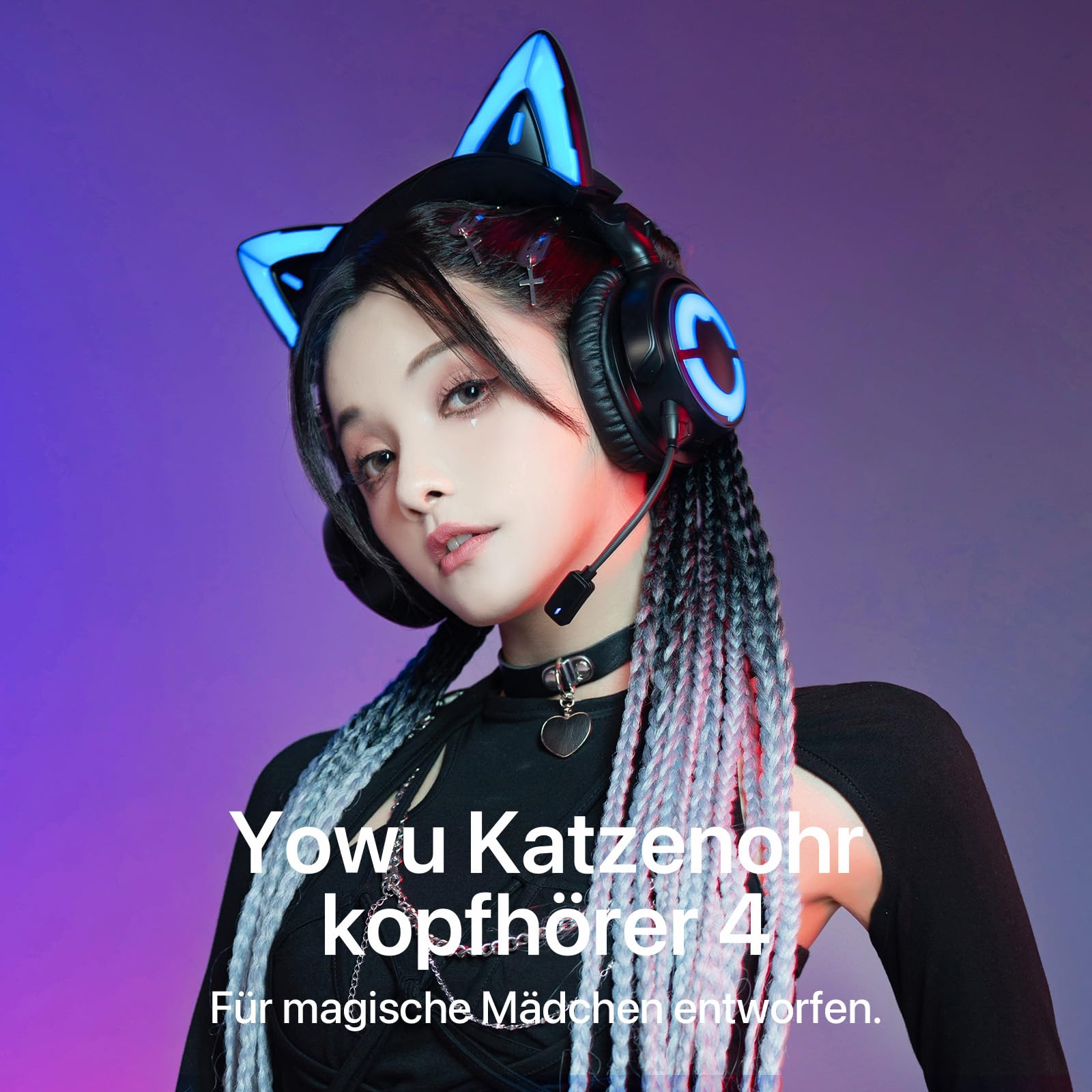 YOWU RGB Cat Ear Headphone 4, verbessertes kabelloses und kabelgebundenes Gaming-Headset mit ansteckbarem HD-Mikrofon – aktive Rauschunterdrückung, anpassbare Beleuchtung und Effekte per APP (Schwarz)