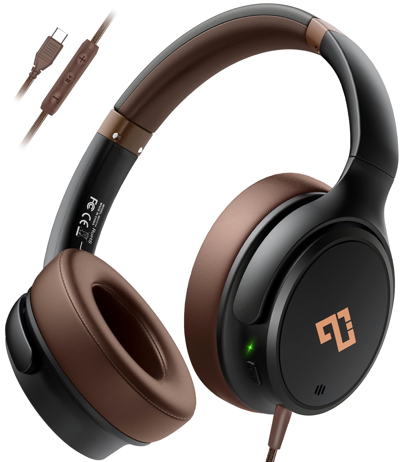 USB C Headphones Wired Headphone Over Ear with Microphone, Lightweight Only 195g, Active Noise Canceling Headphone for iPhone/iPad/Sports/School/Travel, Brown Headphones Plug and Play-Ideal Gifts