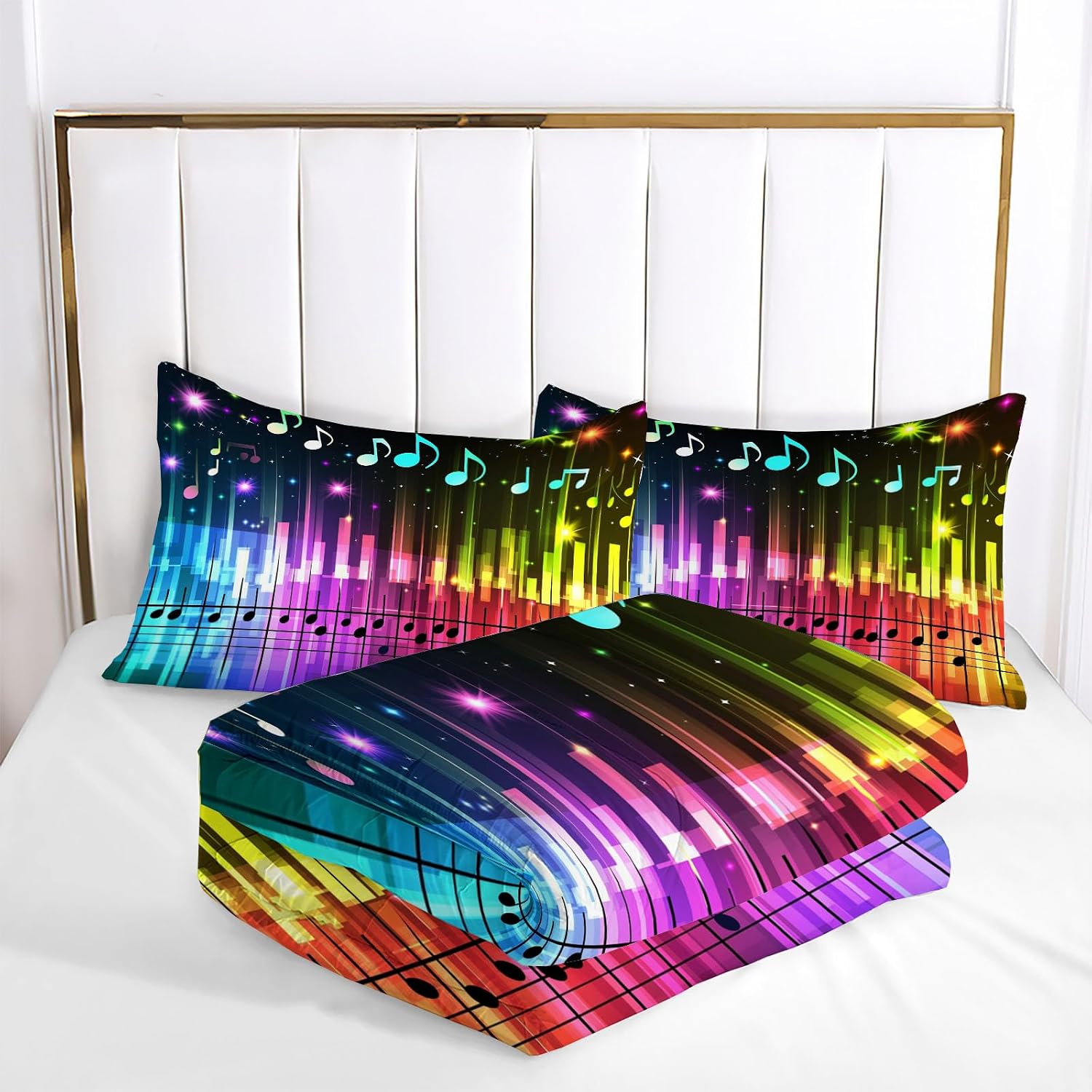 Sheet Music Graffiti Comforter Set Full Size, Neon Musical Notes Bedding Set for Teens Adults Room, Purple Soft 80" x 90" Quilt with 2 Pillow Cases, Lightweight Purple Quilt for All Season