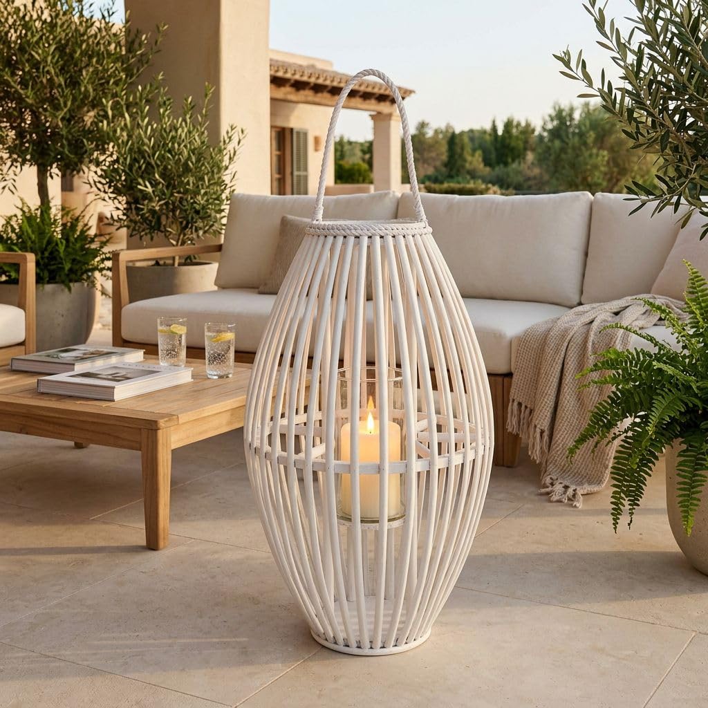 Milani Home - lanterna in vimini e vetro bianco, portacandela da giardino, portico e veranda, manico e corda, decorativa