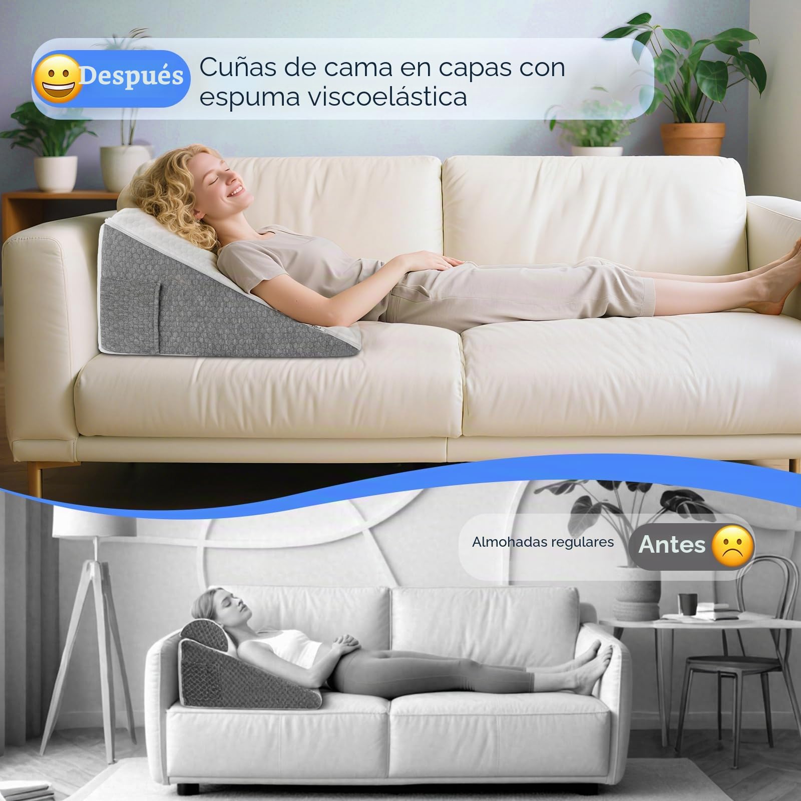 Almohada de Lectura, Cuña Antireflujo, Cojin Lectura Cama Algodón de Memoria, Almohada Reflujo Adulto, Soporte Ergonómico para Cama y Sofá, 55 x 55 x 25 cm