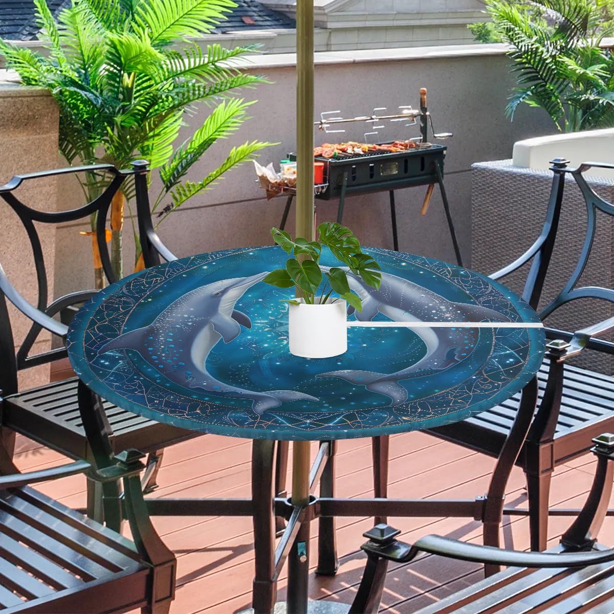 Tablerazzi Mandala Dolphin Round Outdoor Tablecloth with Umbrella Hole and Zipper Fitted Tablecloth Wipeable Table Cloth Table Cover for Picnic Garden, 36''-44''