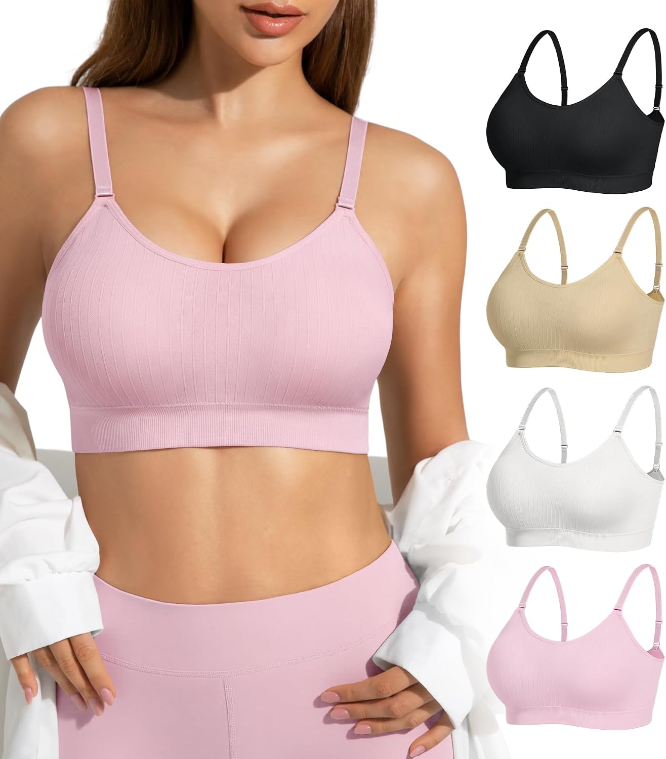 Padded Bralette Sports Bras for Women Pack No Underwire Adjustable Straps Low Back Bra Sleep Bras Lounge Bras for Women